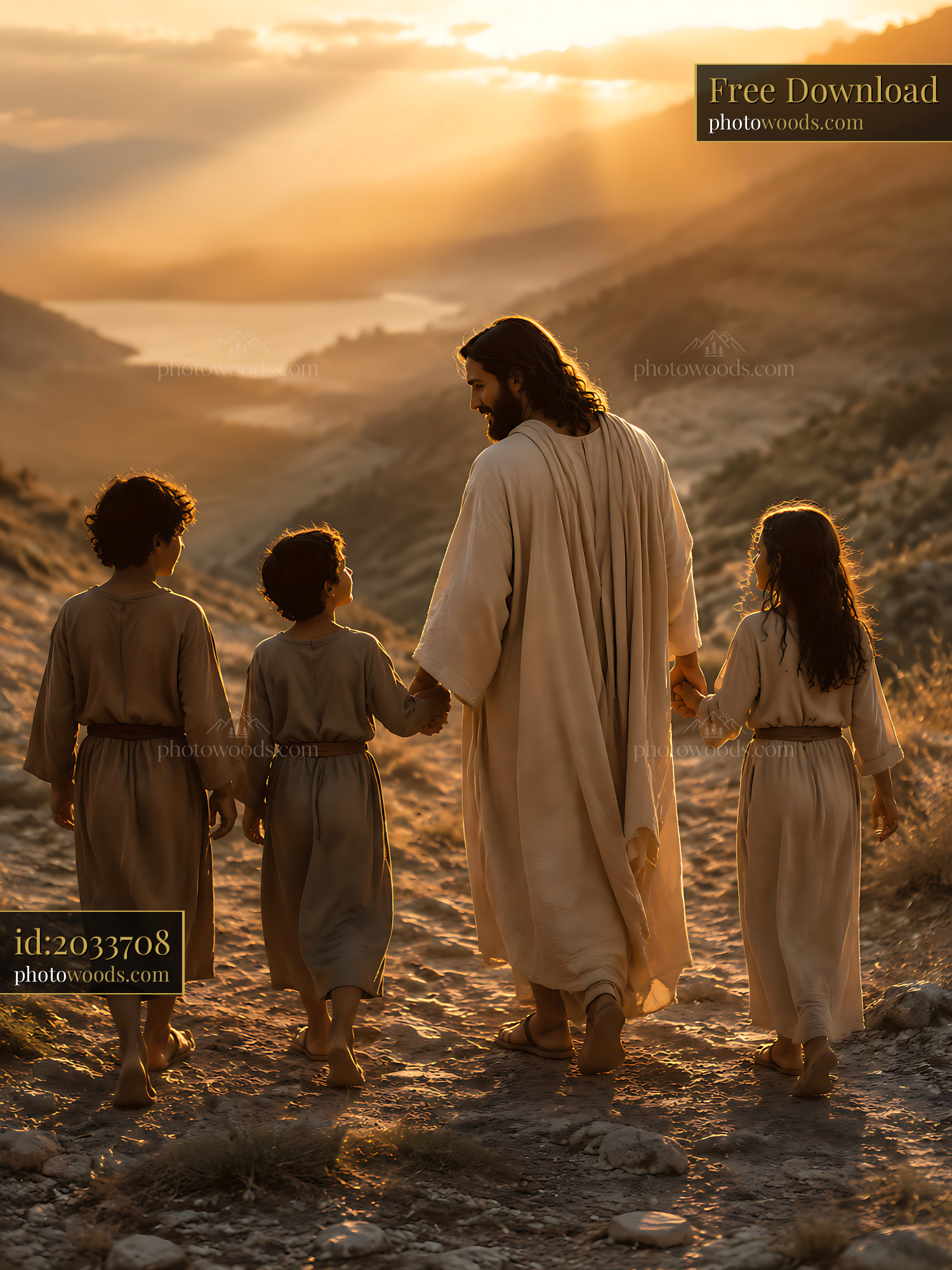 Man Walking With Children on a Path at Sunset