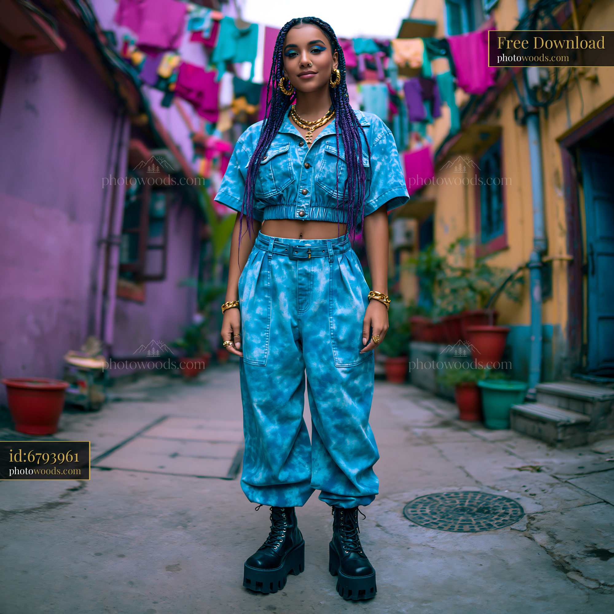 Model With Braided Hair in Acid Wash Outfit in Colorful Alley