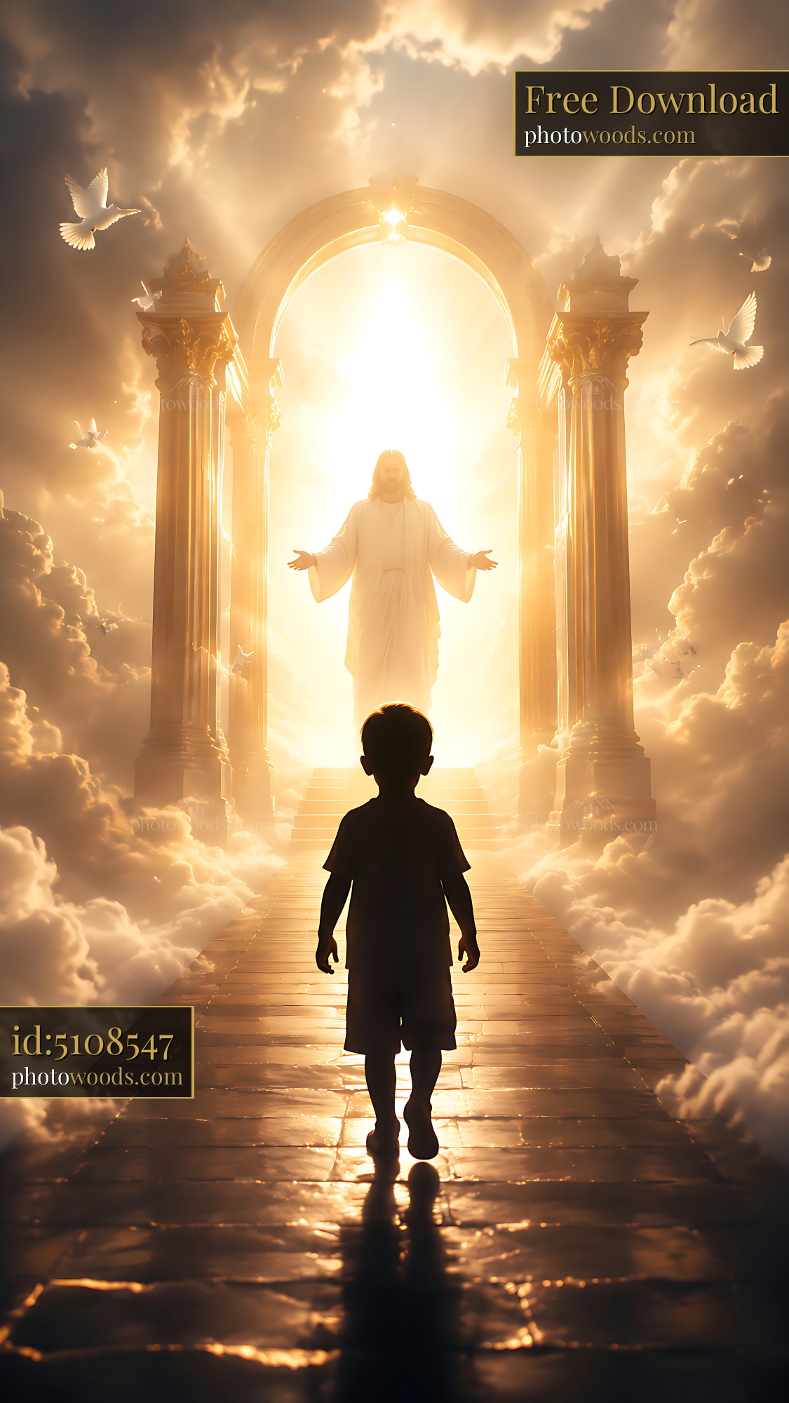 Child Walks Towards Light With Figure in the Clouds Behind