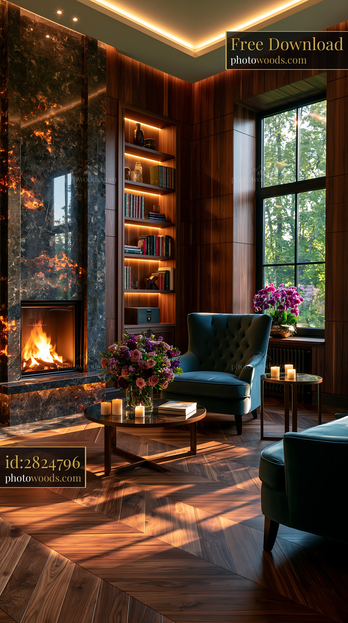 Cozy Luxury Den With Walnut Paneling and Fireplace