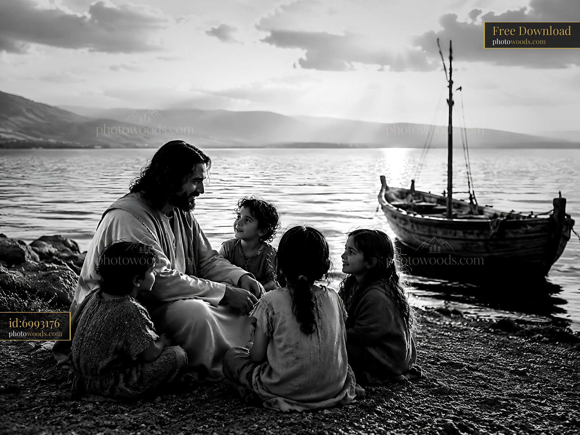 Man Talks to Children by the Water With a Boat Nearby