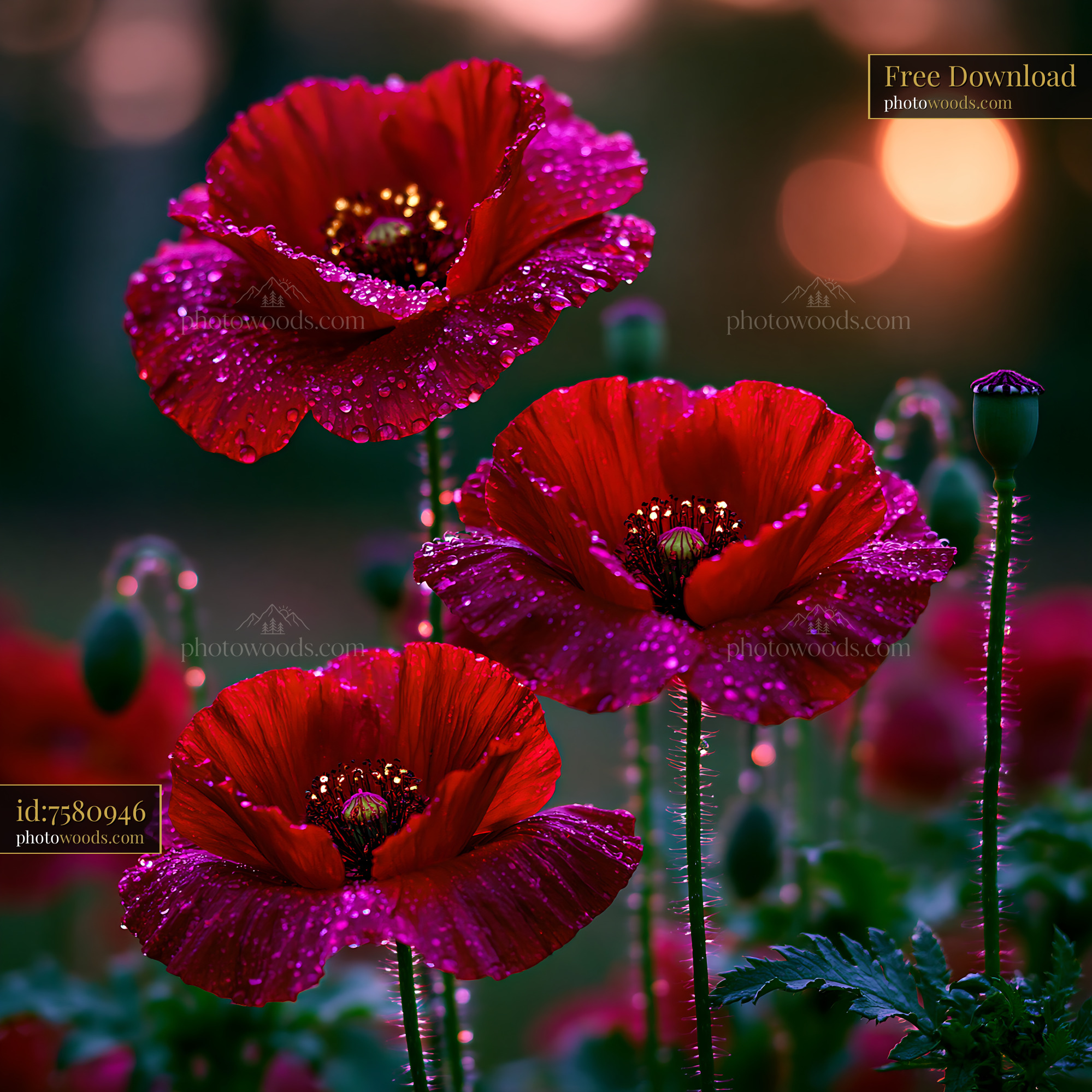 Red Flowers With Dew Drops Glow Under Warm Evening Light