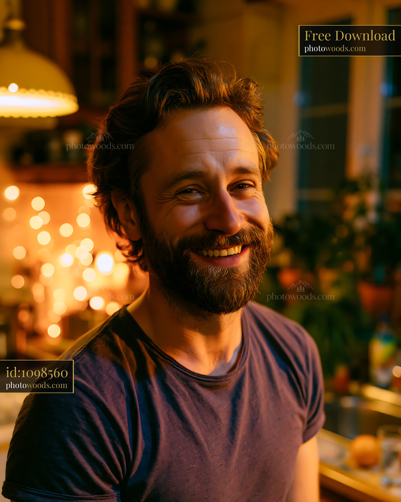 Smiling Man in Kitchen With Warm Lights and Friendly Atmosphere