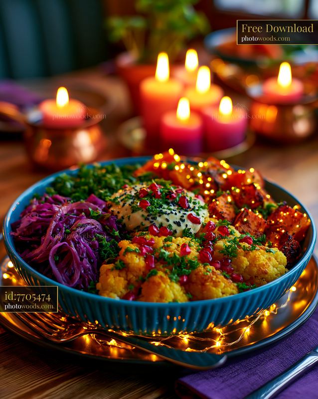 Vibrant Buddha Bowl With Roasted Vegetables and Colorful Toppings