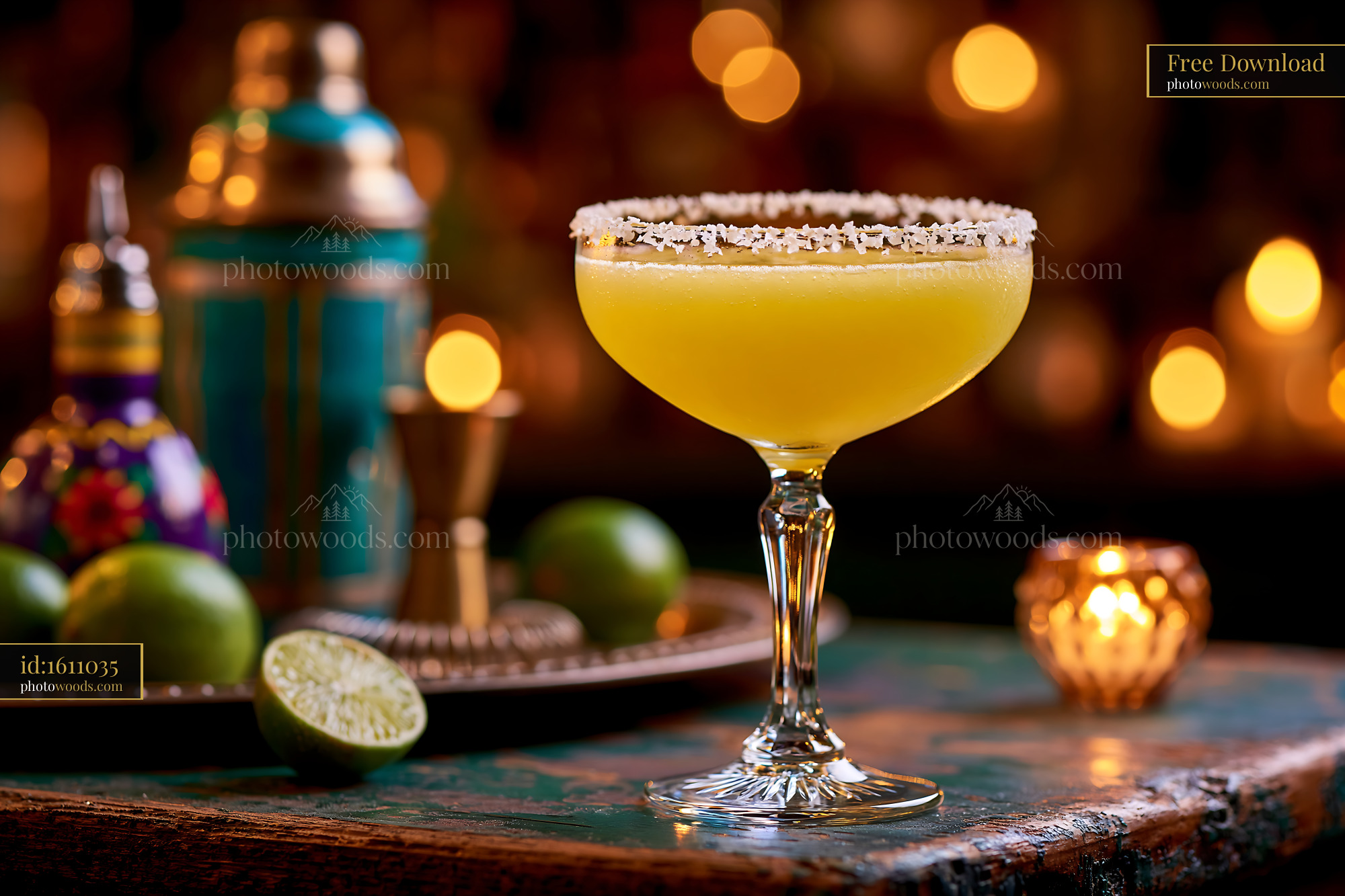 Frosty Margarita With Salt Rim in Coupe Glass on Bar Table