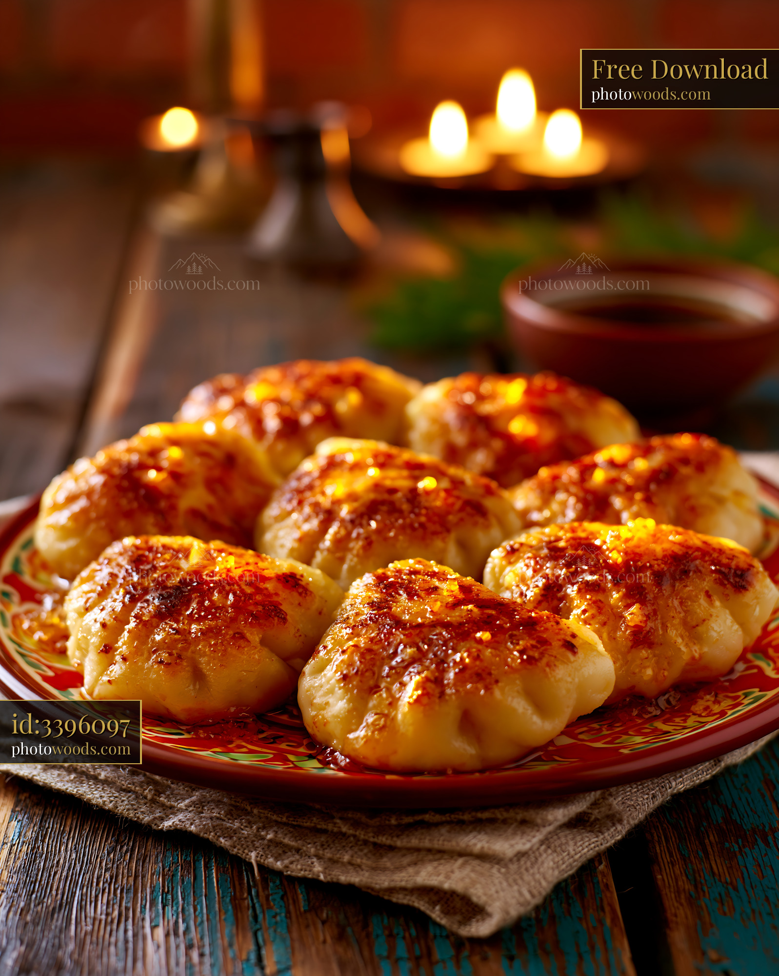 Gyoza on a Decorative Plate With Crispy Golden Wings