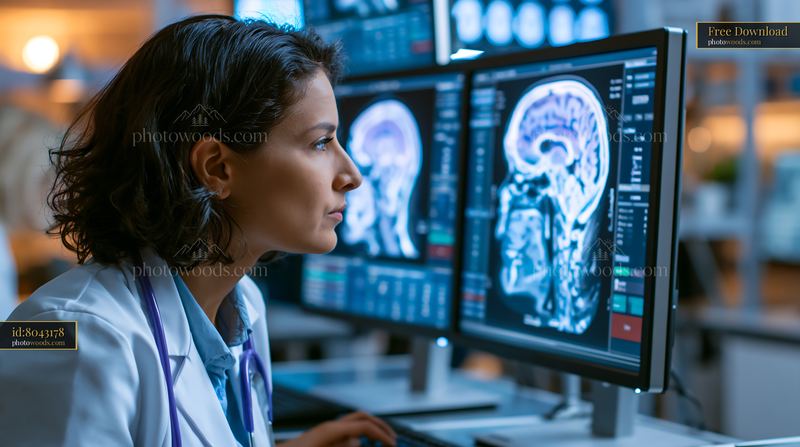 Radiologist Reviewing AI-assisted Brain Scan in a Medical Setting