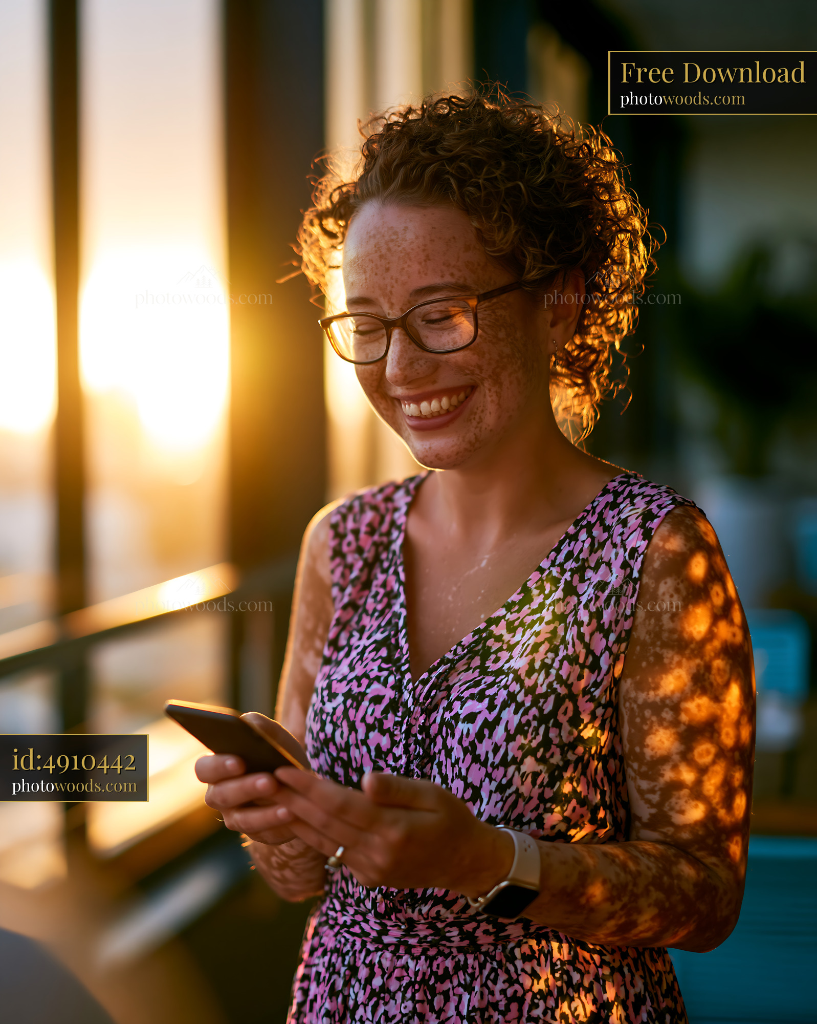 Cheerful Woman With Vitiligo Smiling While Using Smartphone at Sunset