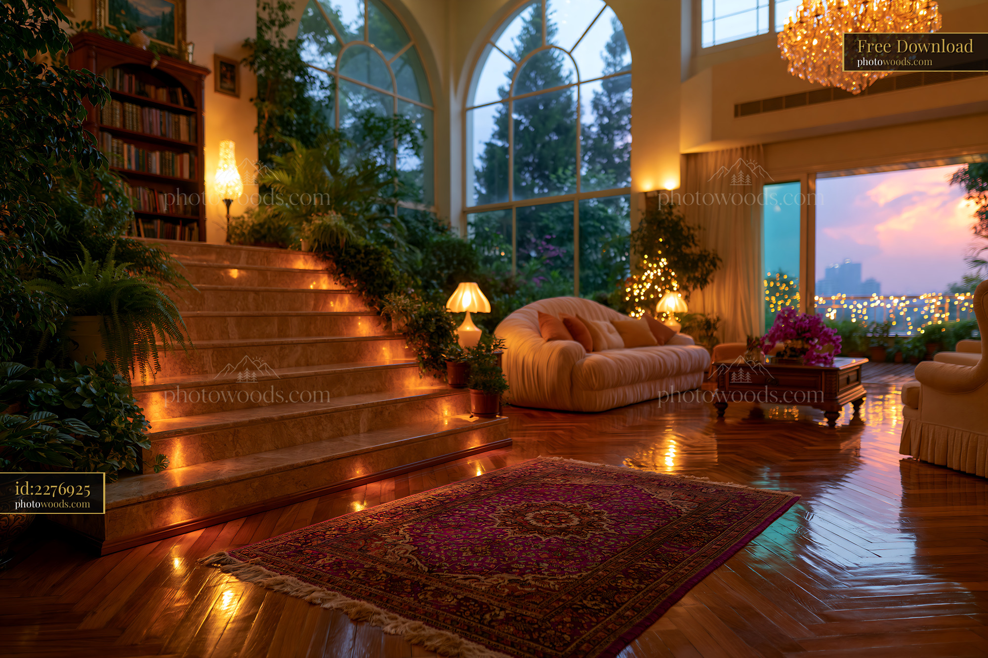 Living Room With Double Height Ceilings and Lush Plants at Dusk