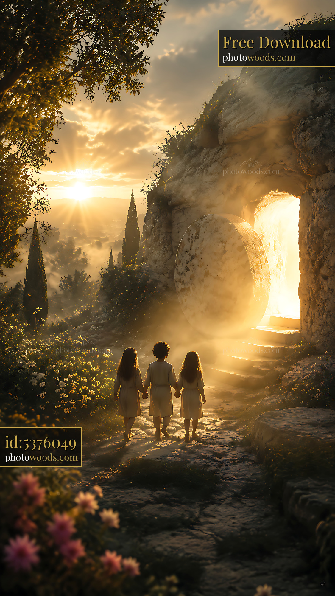 Children Walk Towards Light Through Ancient Entrance at Sunset