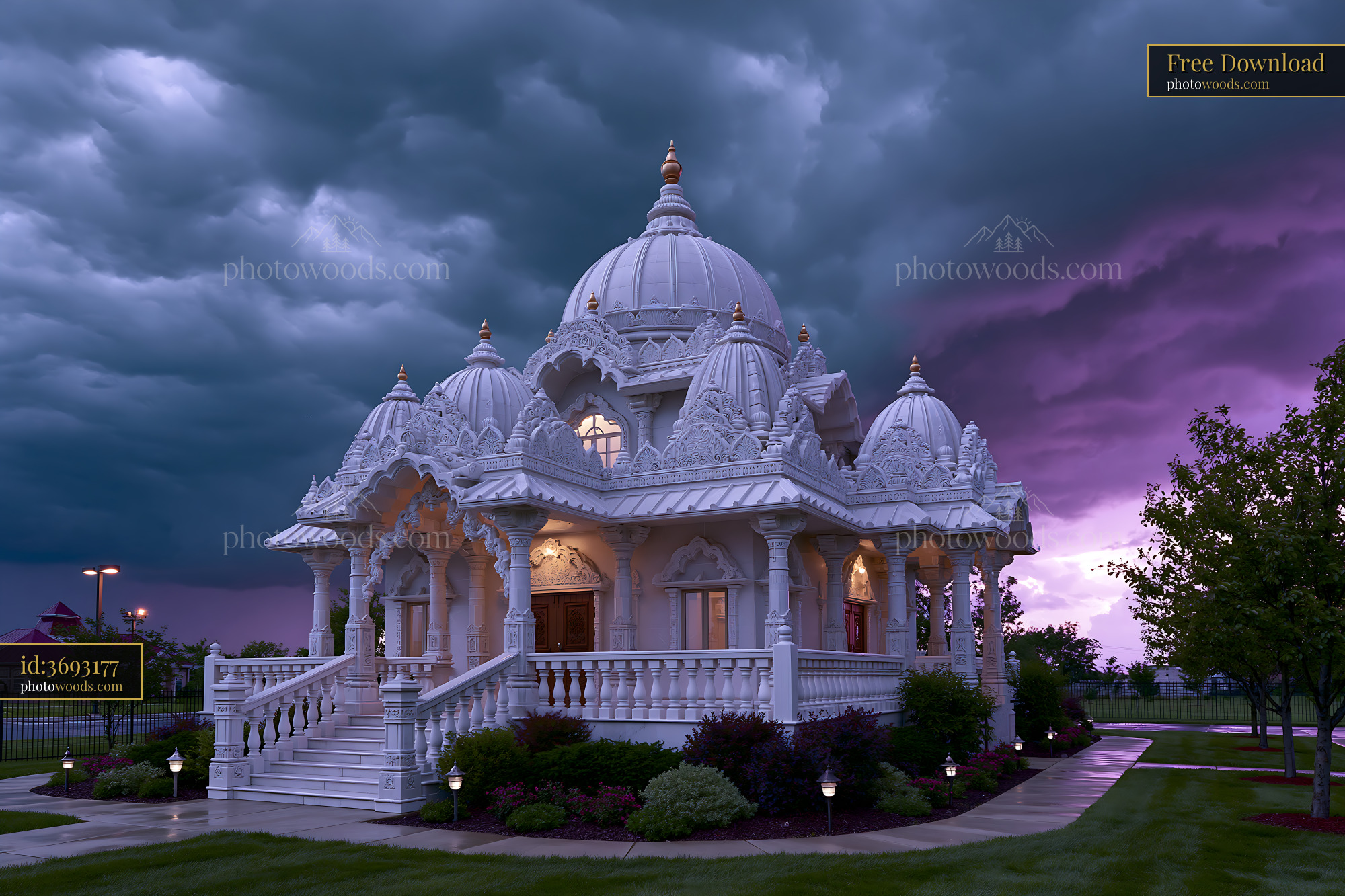 Jain Temple in Stormy Sky in Michigan, USA During Twilight
