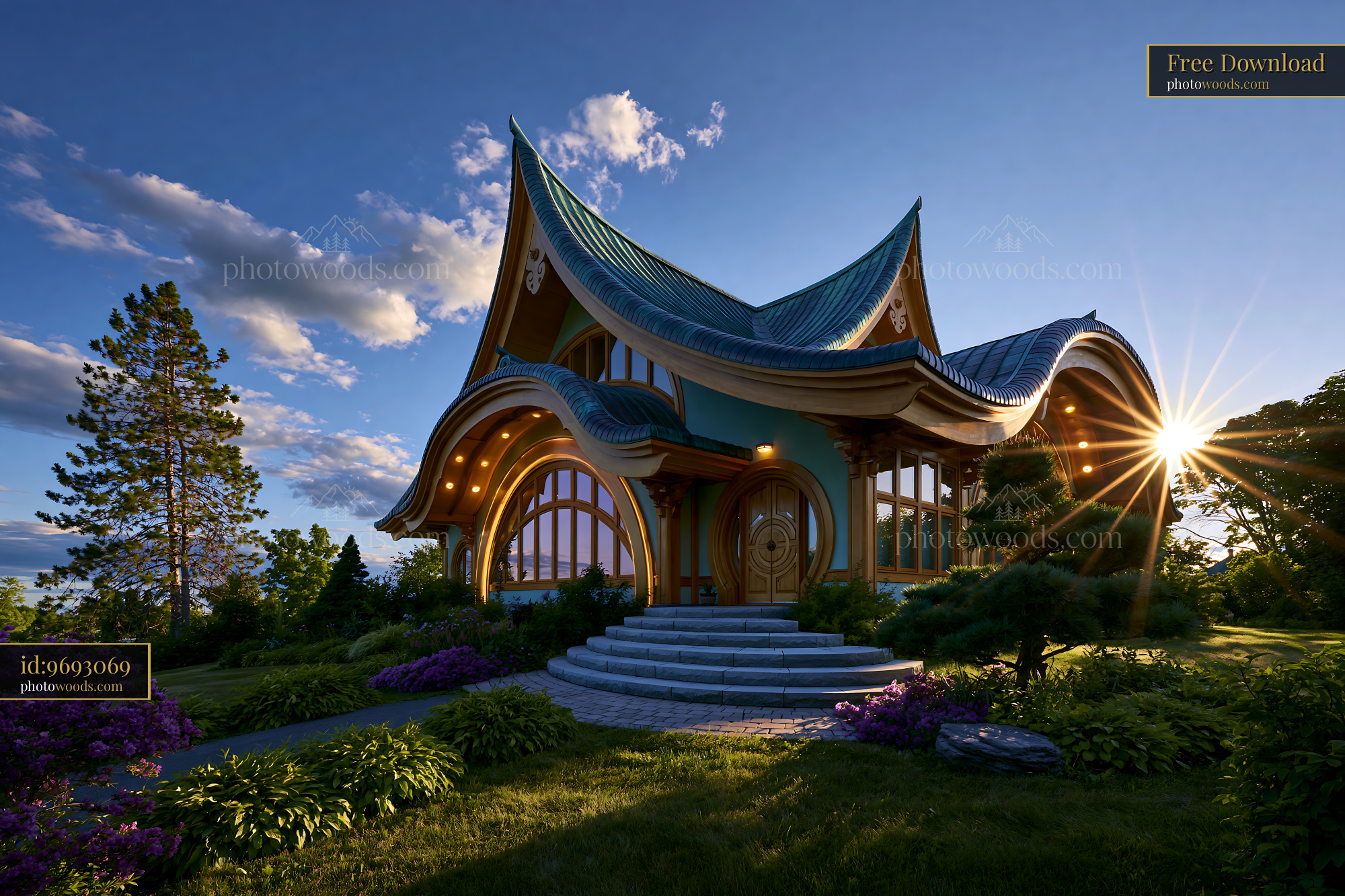 Roche Architectural Design at Golden Hour in Serene Garden Setting