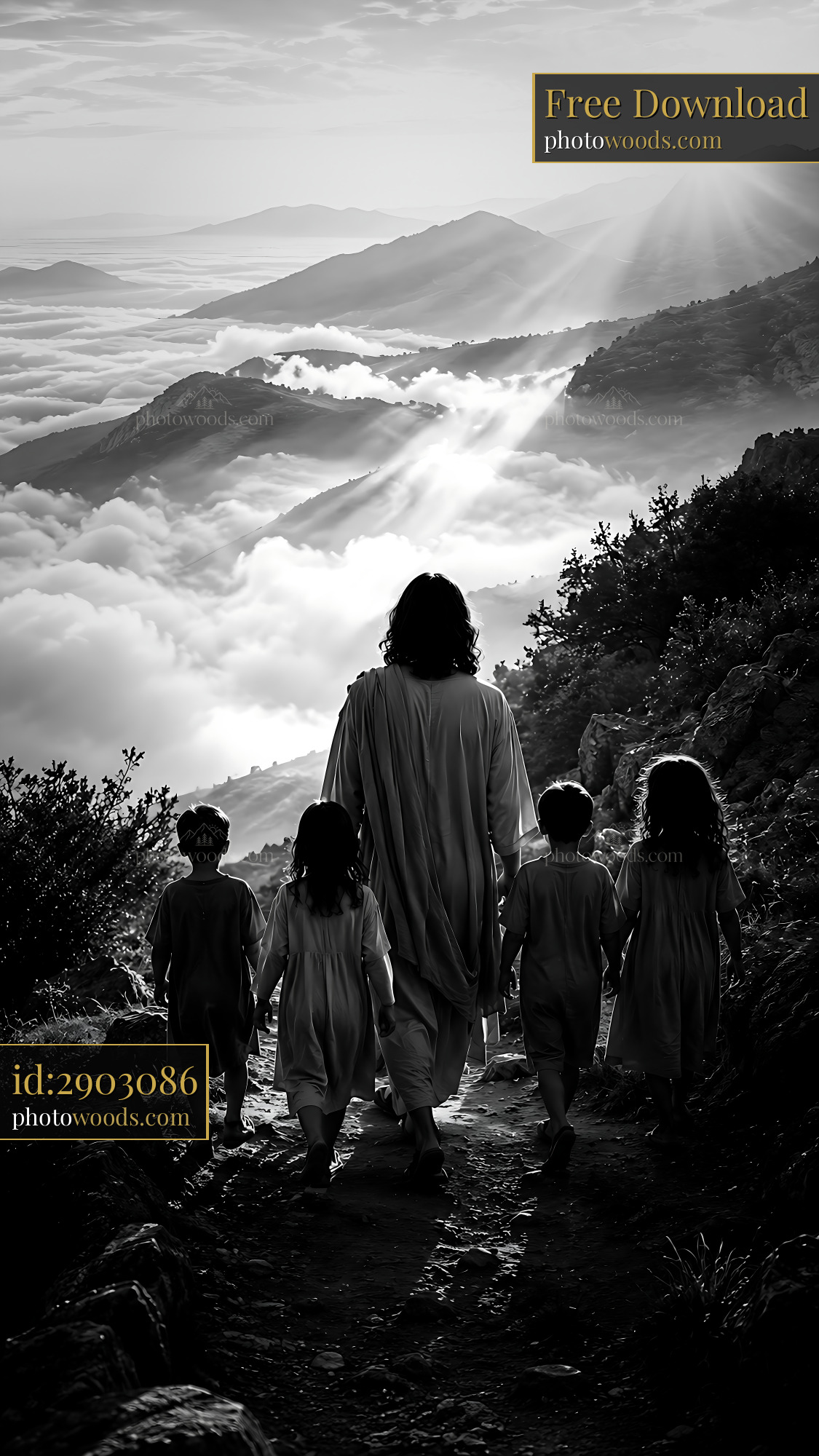 Group of Children Walking With a Figure on a Mountain Path