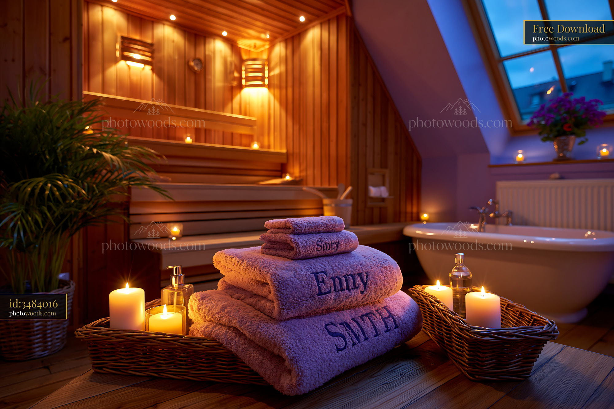 Wellness Bathroom With Integrated Sauna and Candles in Evening Light
