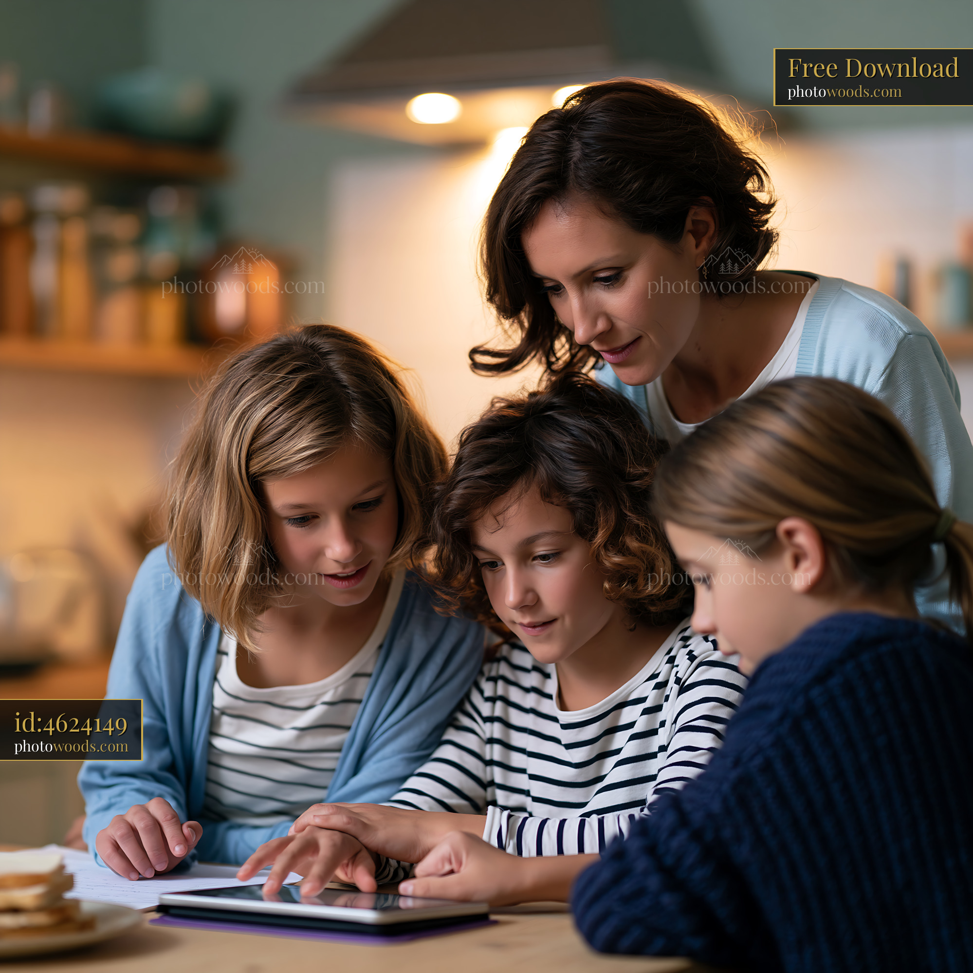 Teacher Assisting Students With Learning App in Cozy Kitchen