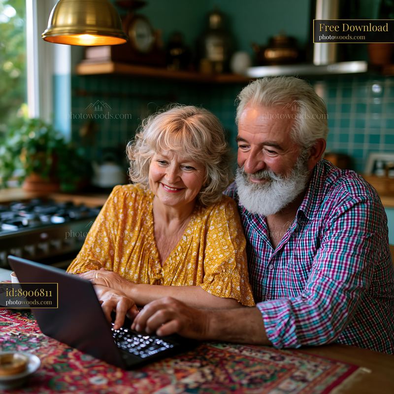 Retired Couple Planning a Trip Together in a Cozy Kitchen