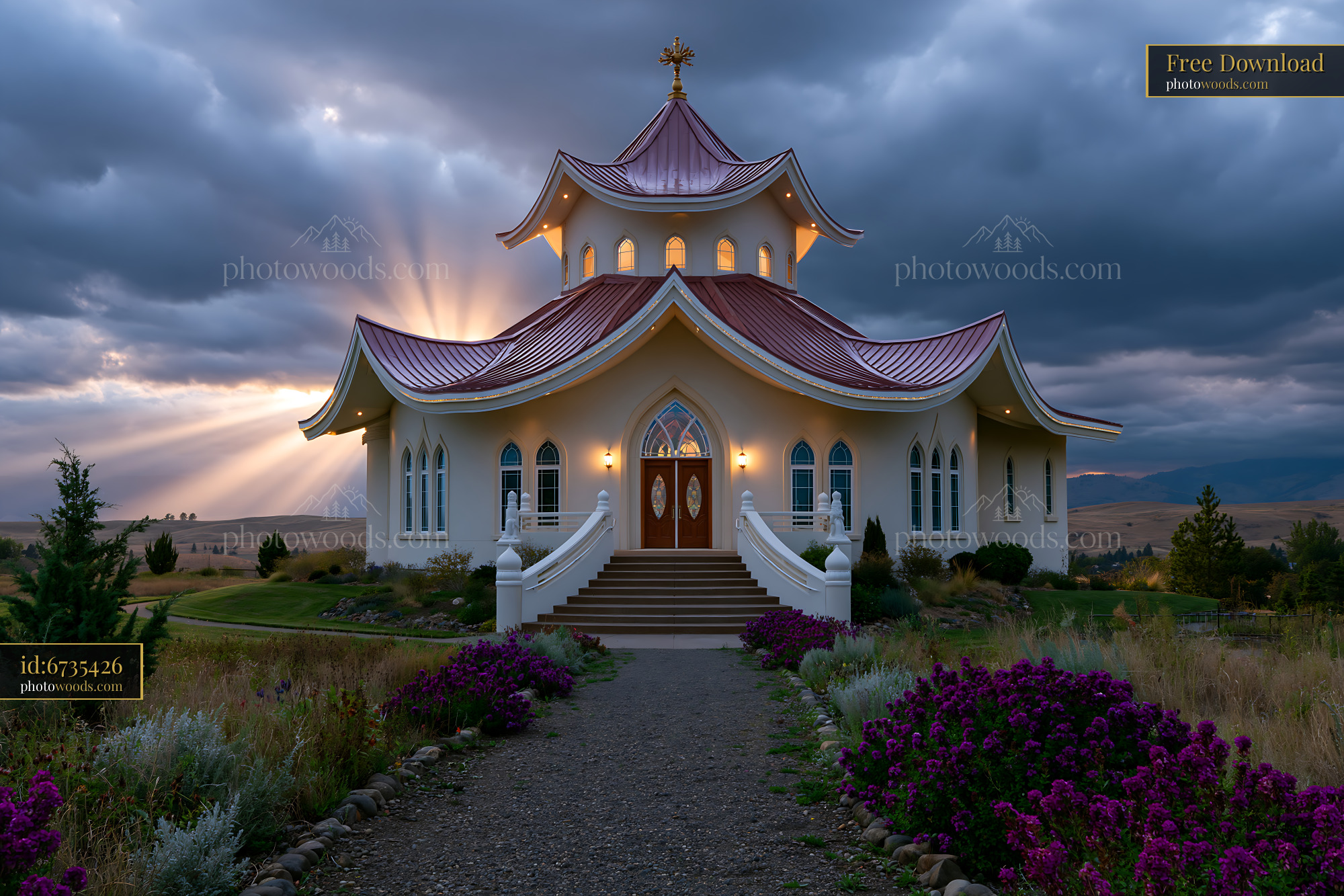 Architectural View of a Temple With Flowers at Sunset in Montana
