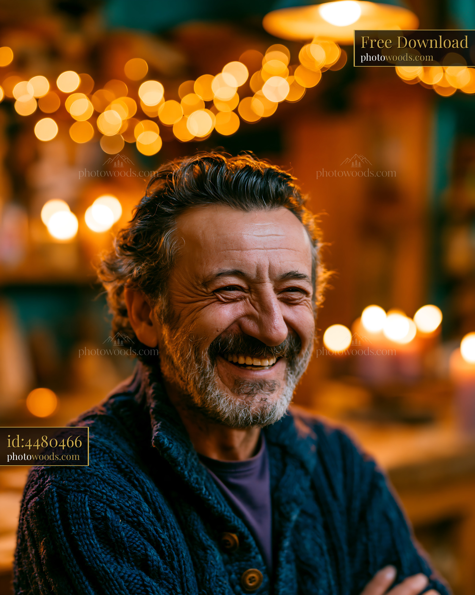 Man Smiles With Joy Among Warm Lights in Cozy Setting