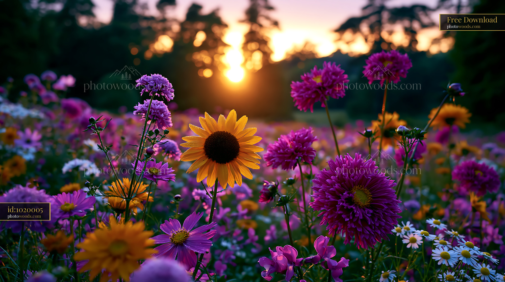 Flowers Bloom in a Field During Sunset With Orange Sky