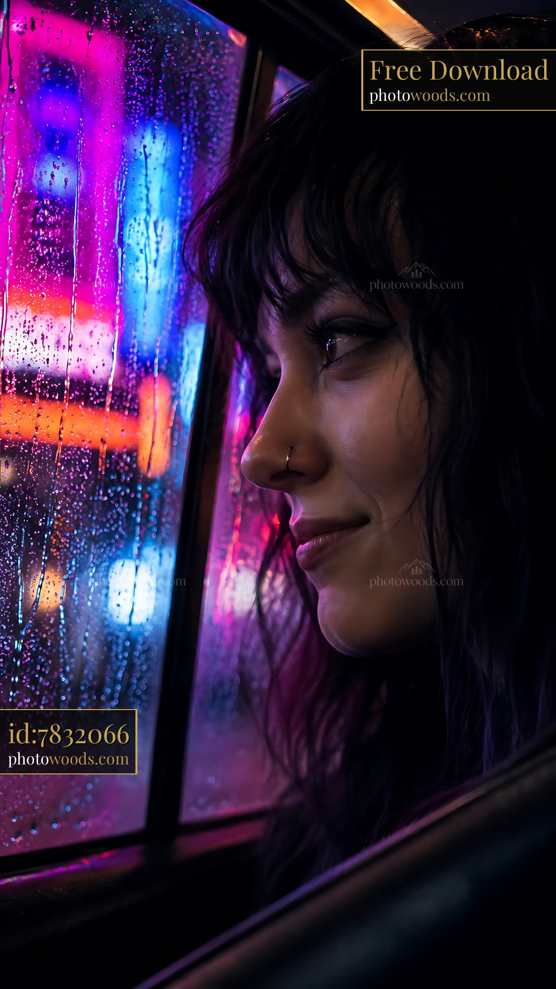 Woman Gazes out of Car Window at City Lights During Rain