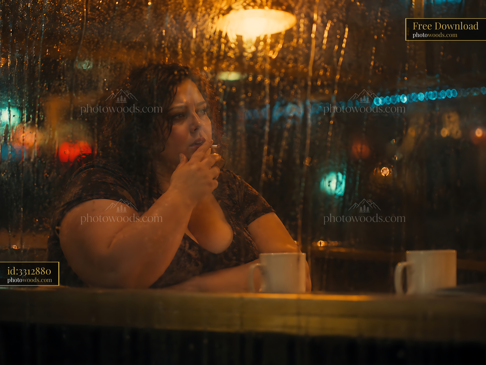 Woman Sitting Alone in Cafe Looking Through Rainy Window