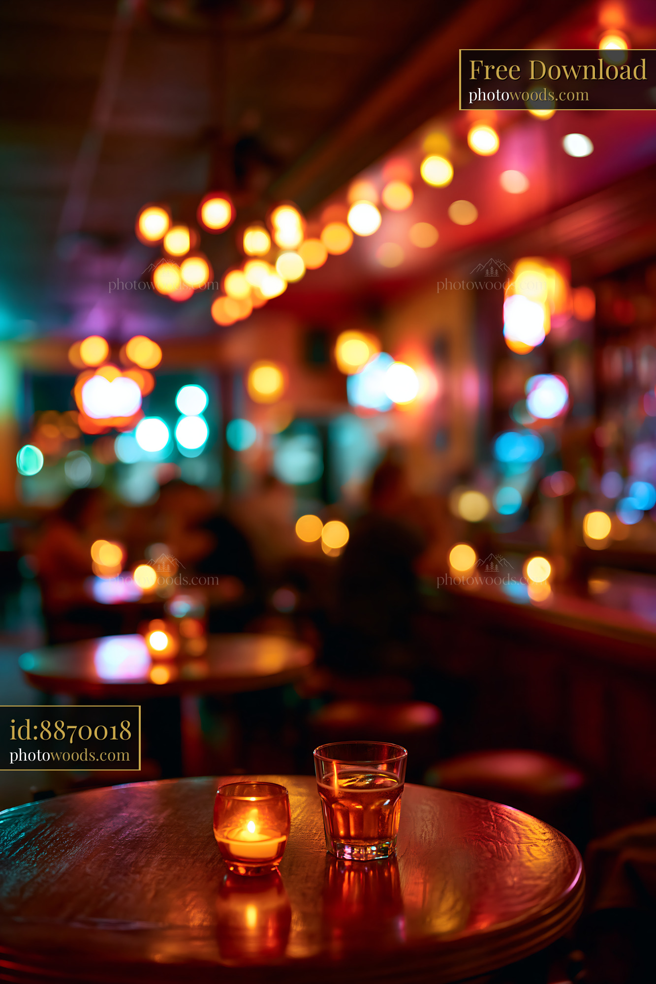 Drinks Sit on a Wooden Table in a Dimly Lit Bar