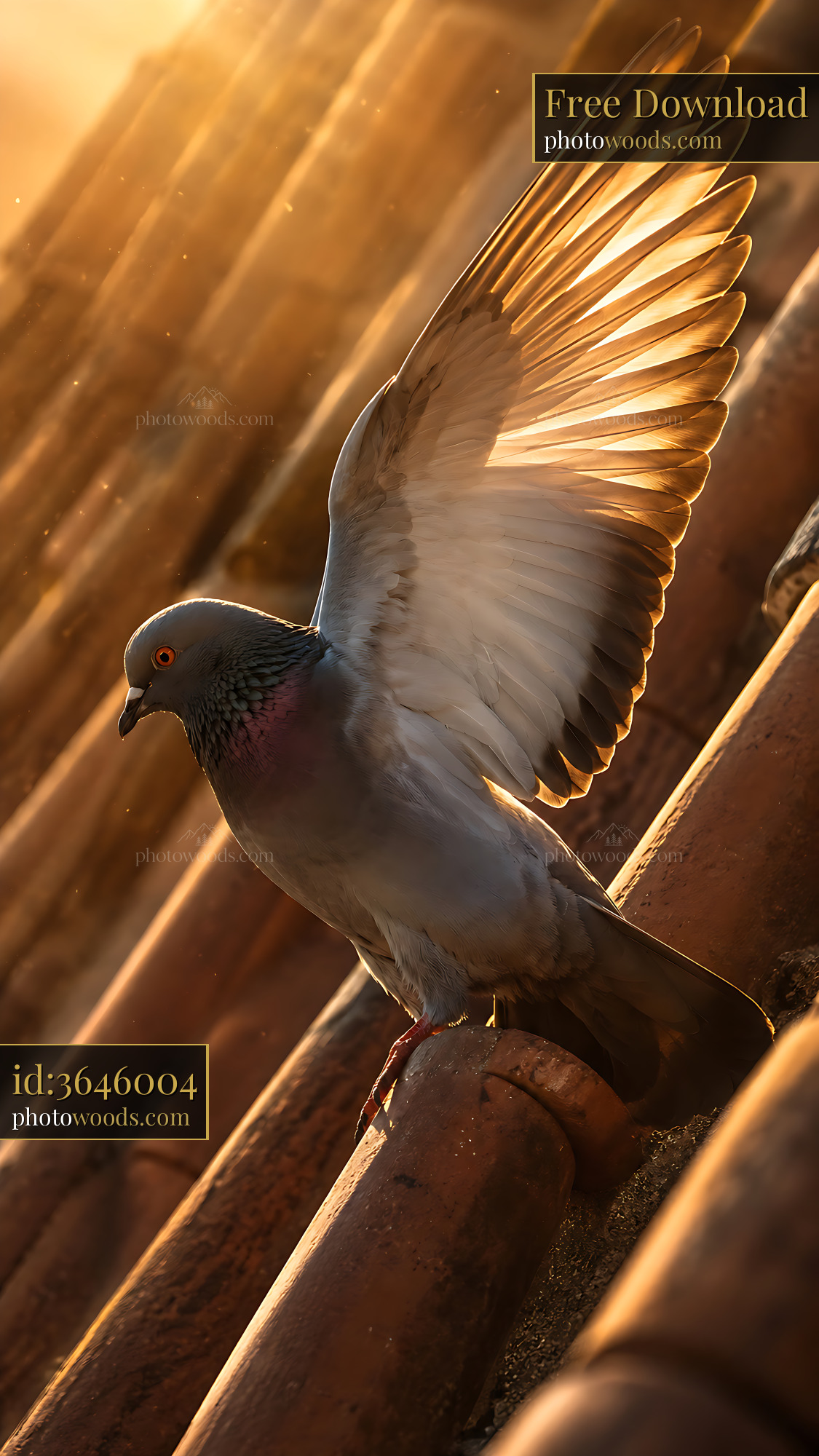 Pigeon Spreads Wings on Rooftop During Sunset Golden Hour