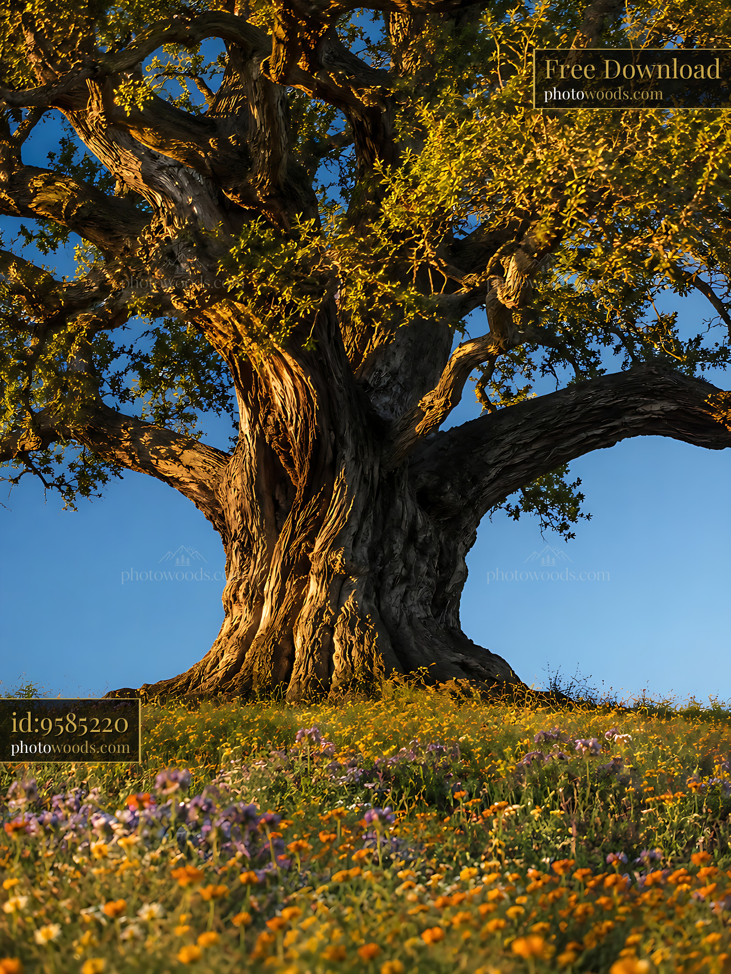Tree Stands Tall on Hillside Covered With Colorful Flowers