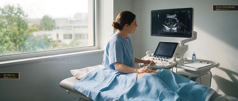 Medical sonographer performing an ultrasound scan in a clinic