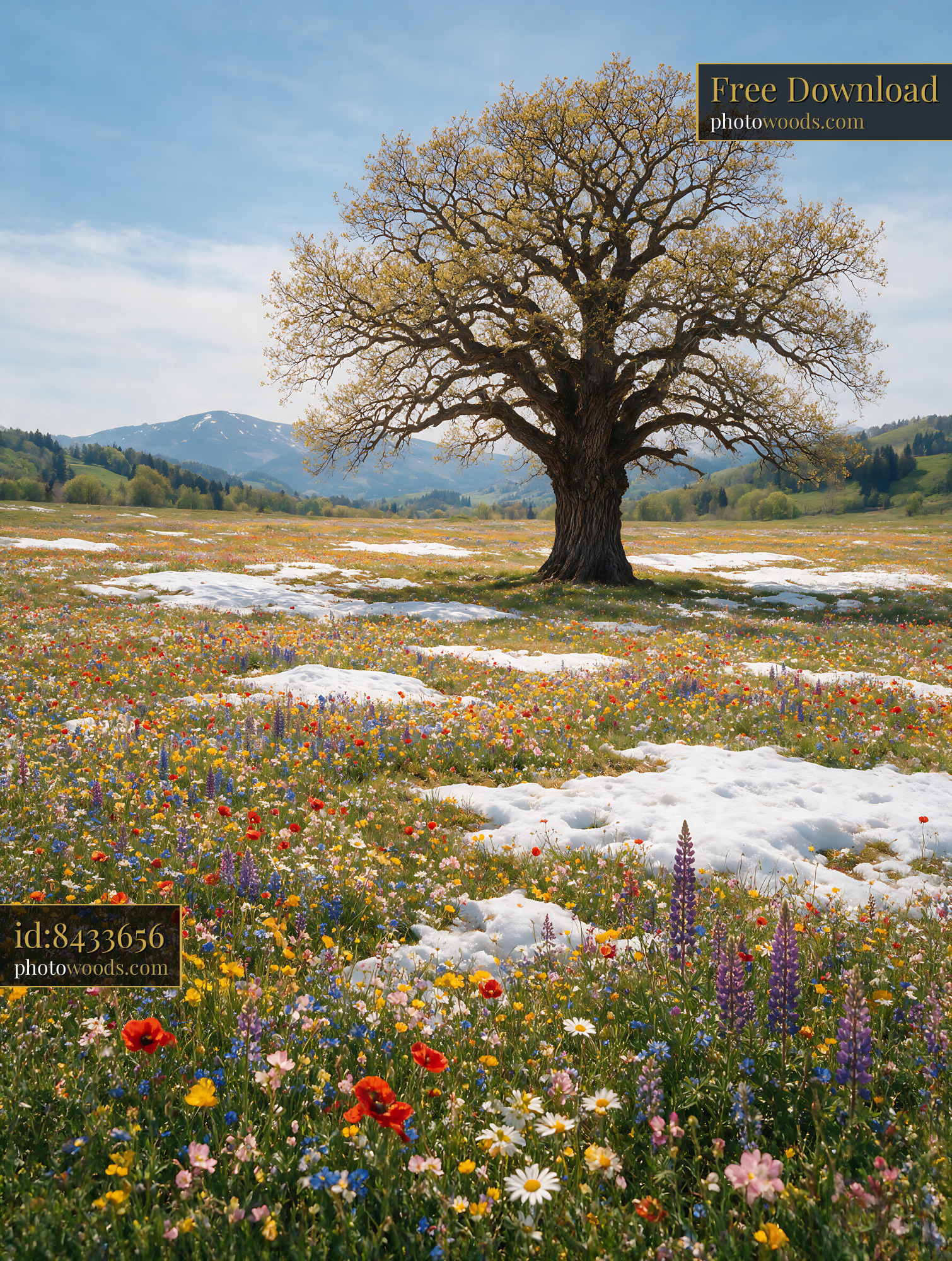 Wildflowers Blooming at the Base of a Tree in Springtime Meadow