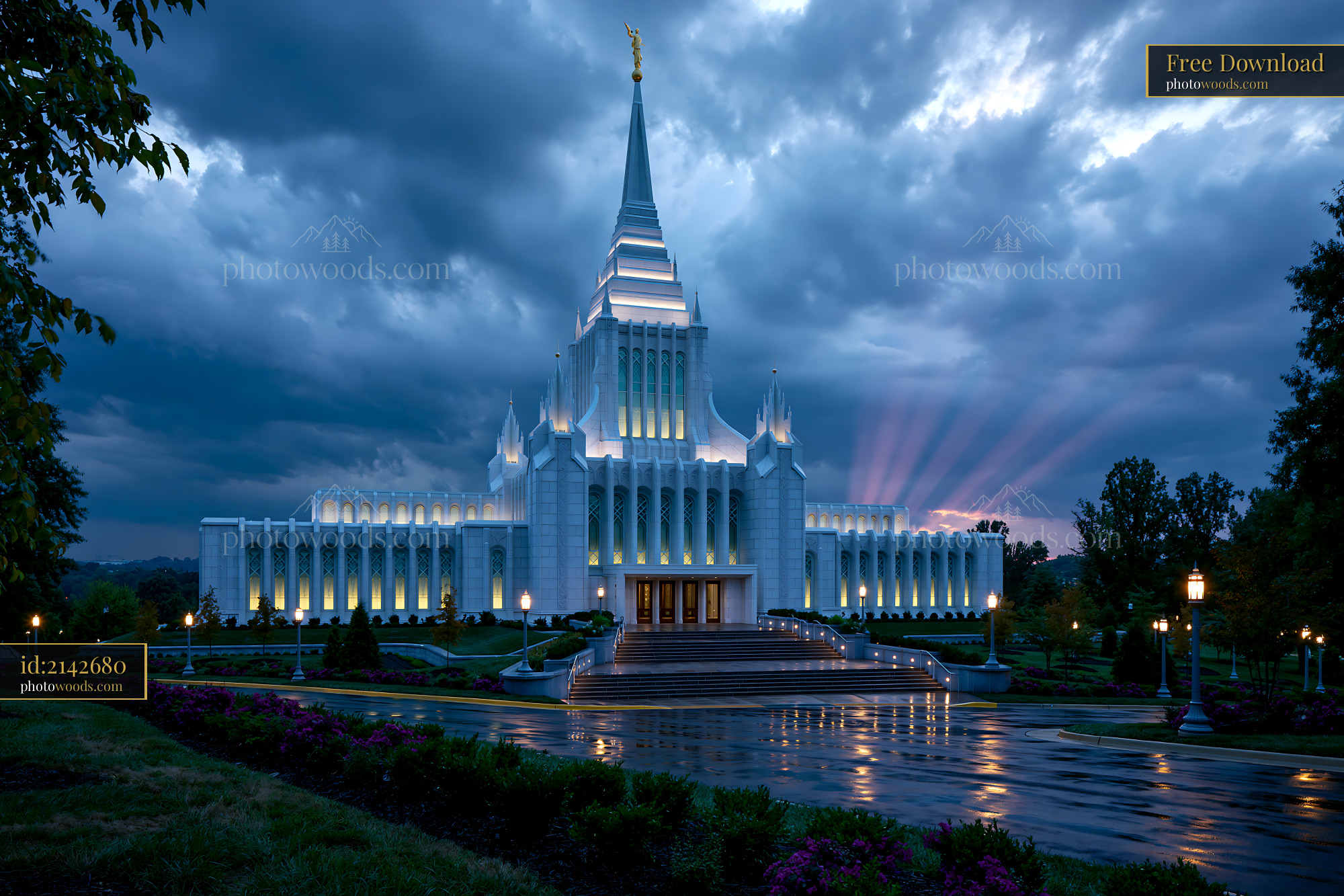 Washi Temple Illuminated at Night With Stormy Clouds in View