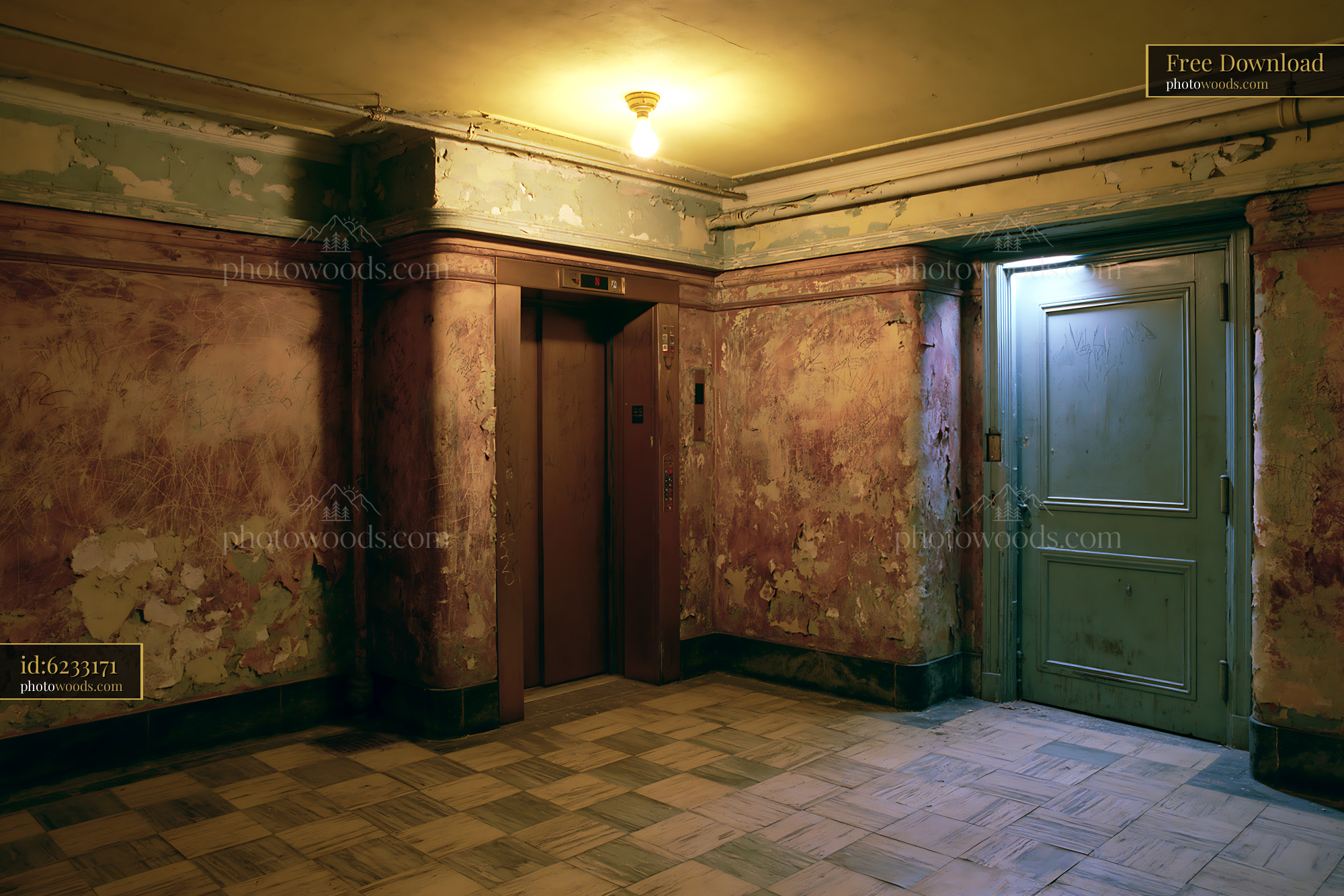 Elevator Lobby With Peeling Paint and Dim Light