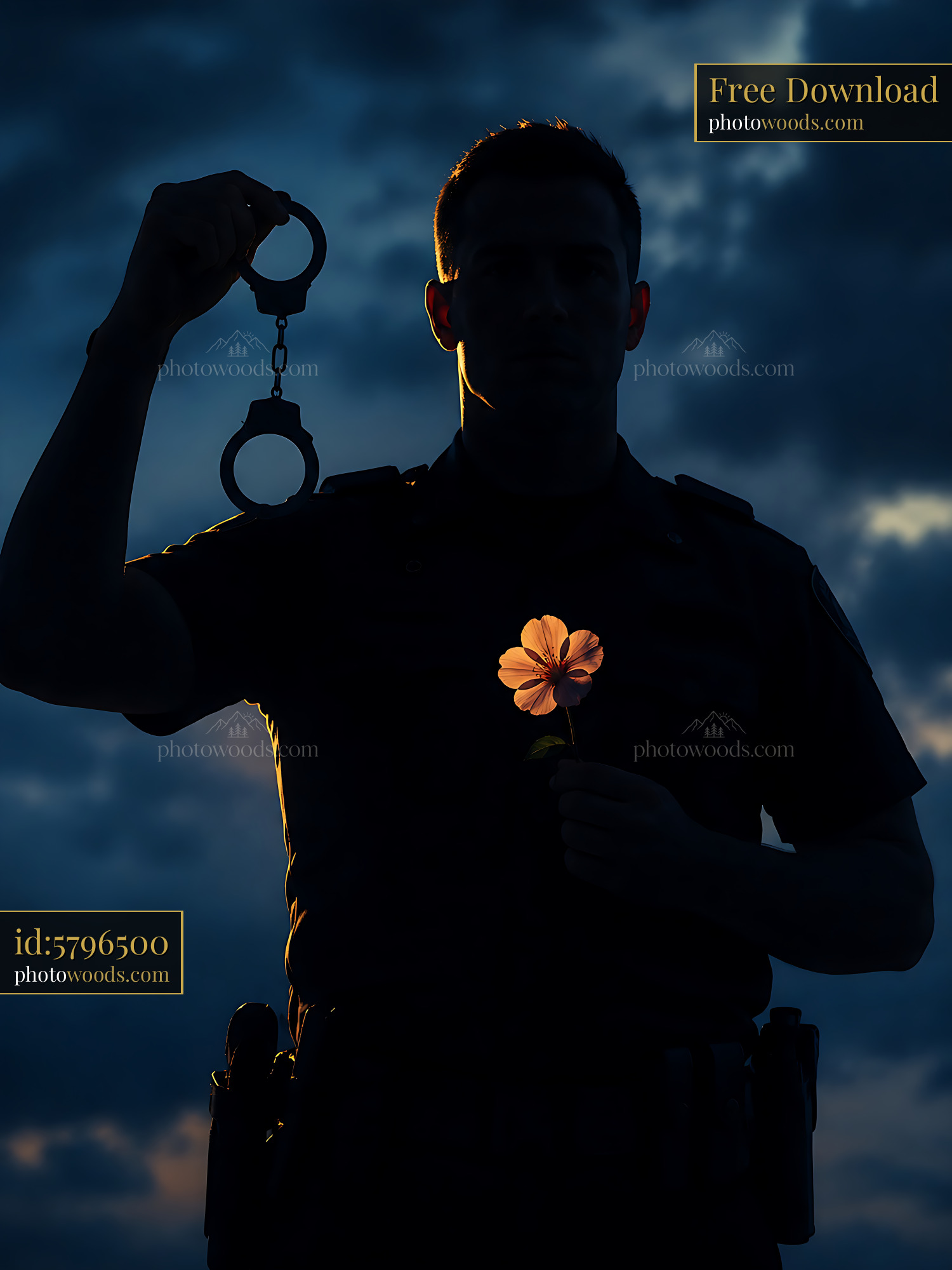 Officer Holding Handcuffs and Flower During Sunset