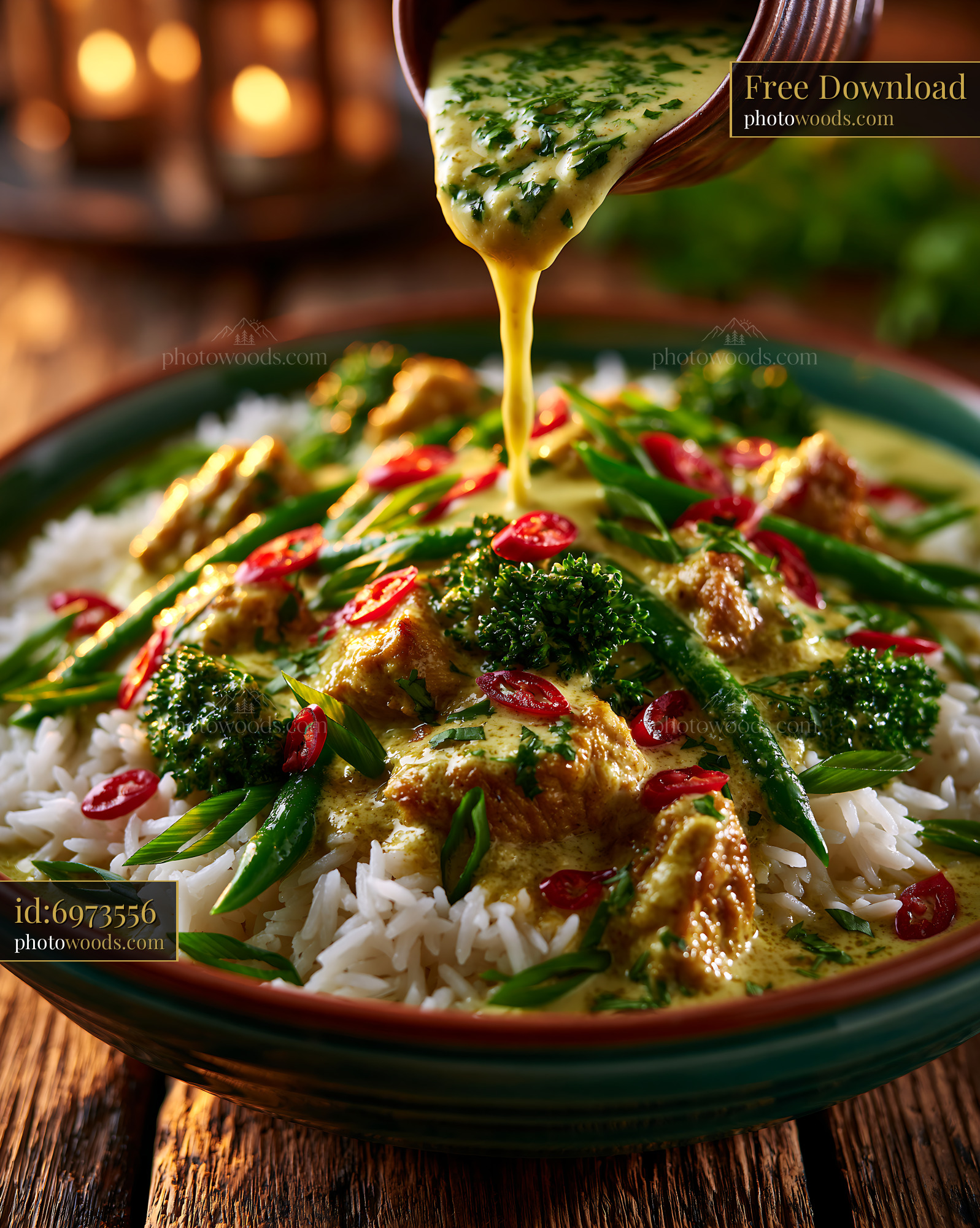 Thai Green Curry With Jasmine Rice Served on Wooden Table