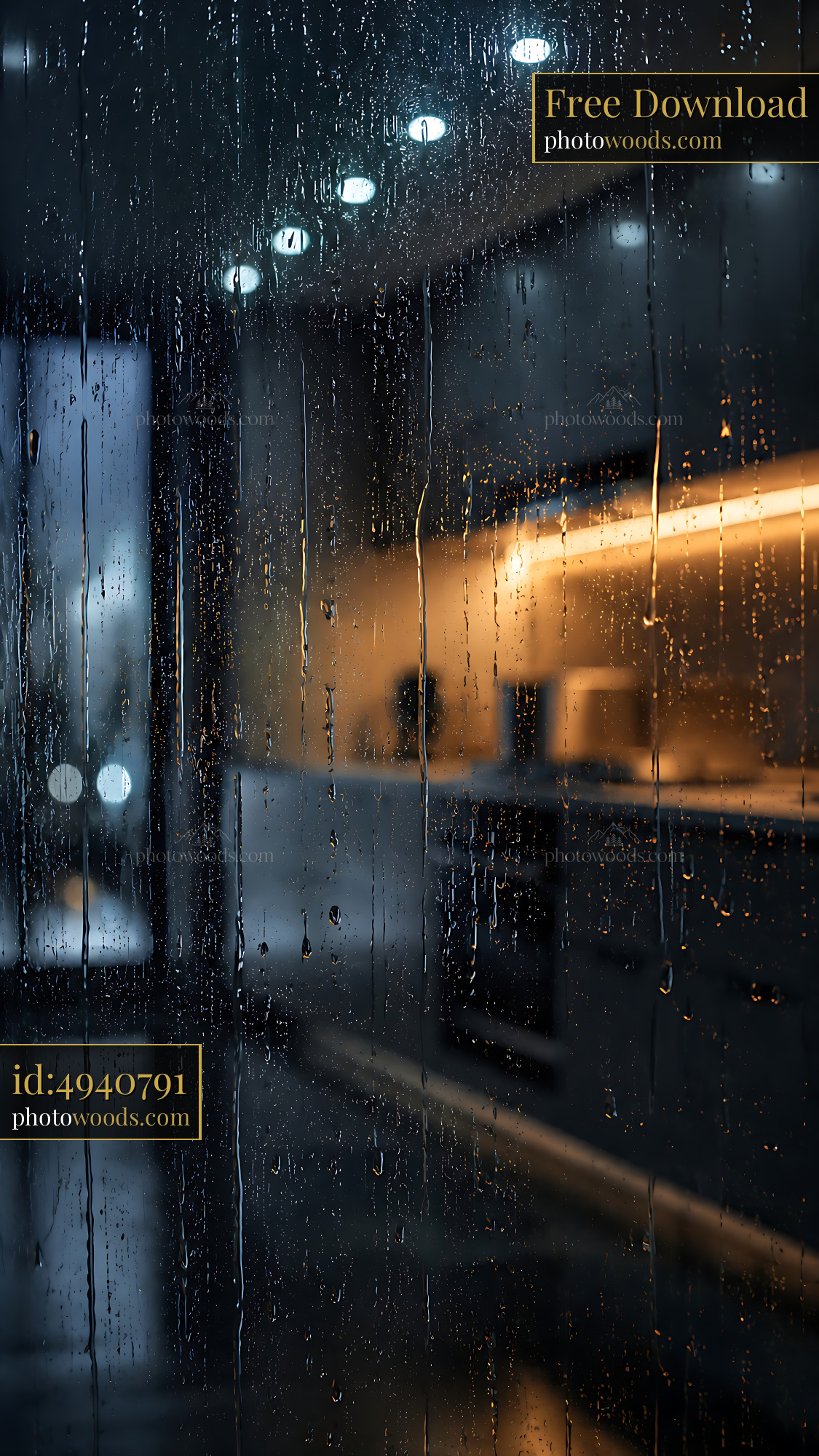 Raindrops on the Window of a Modern Kitchen at Night