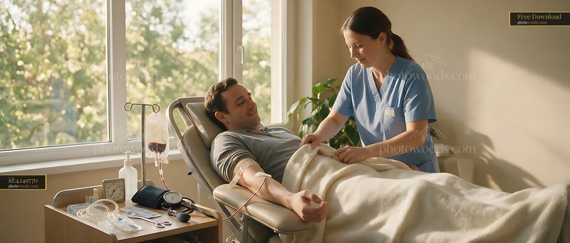 Blood donor reclining in chair during donation