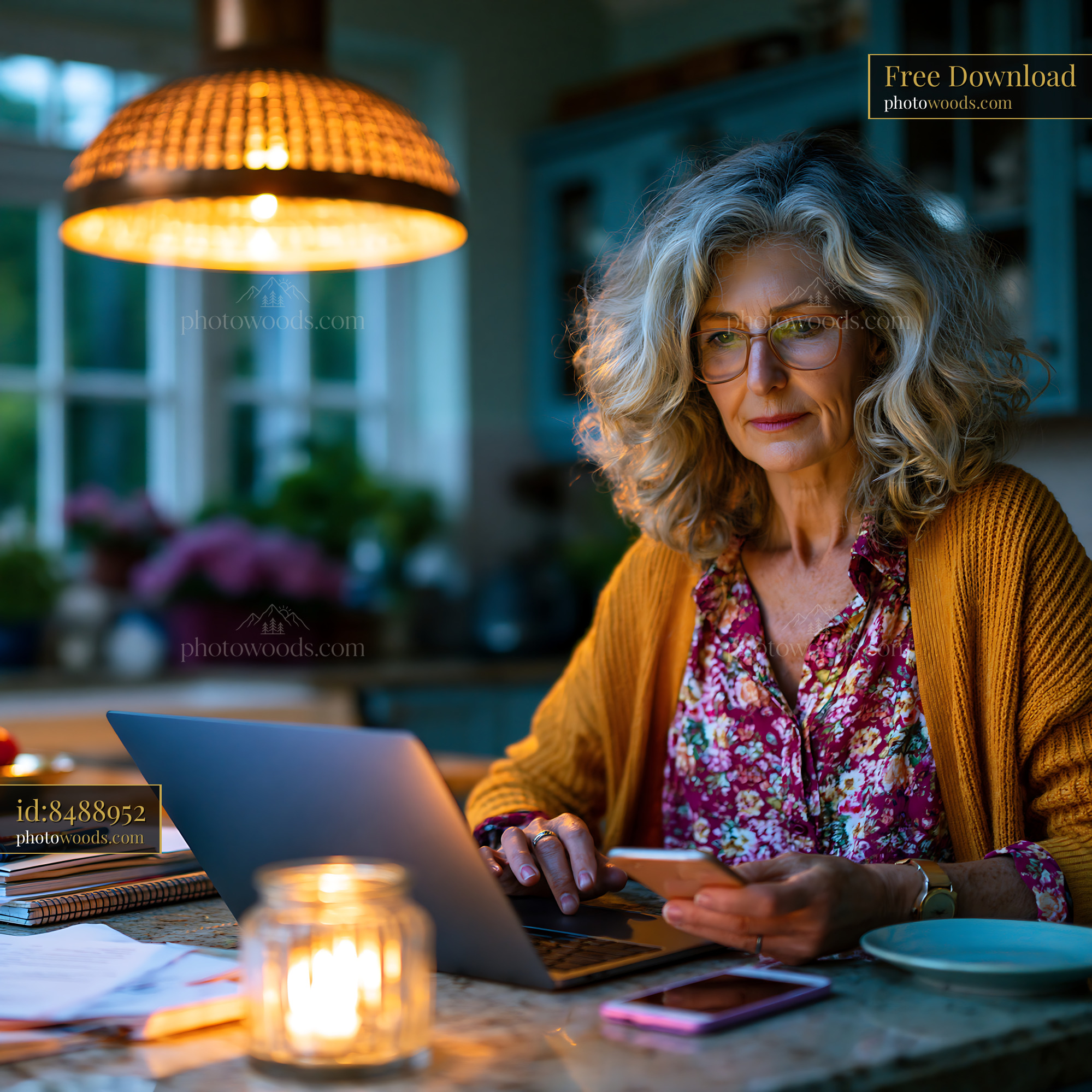 Woman Arranging Digital Estate Documents at Home in Evening