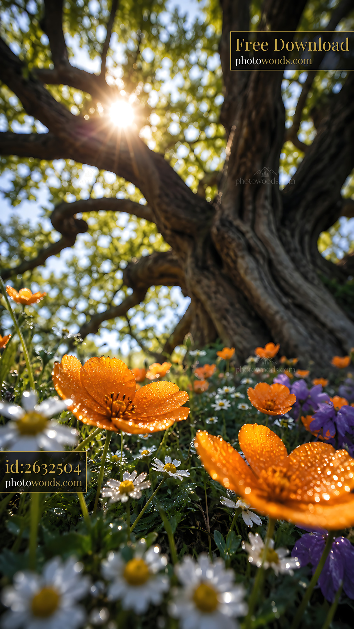 Flowers Bloom Under a Large Tree With Sunlight Shining Through