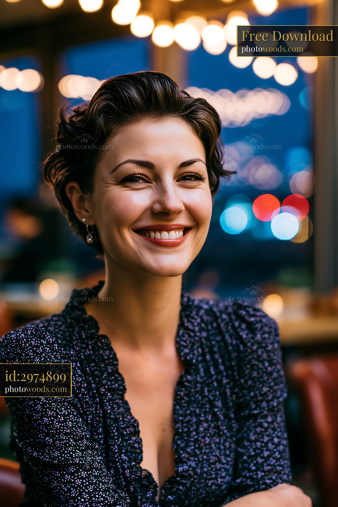 Happy Woman Smiling in a Dimly Lit Cafe With Warm Lights