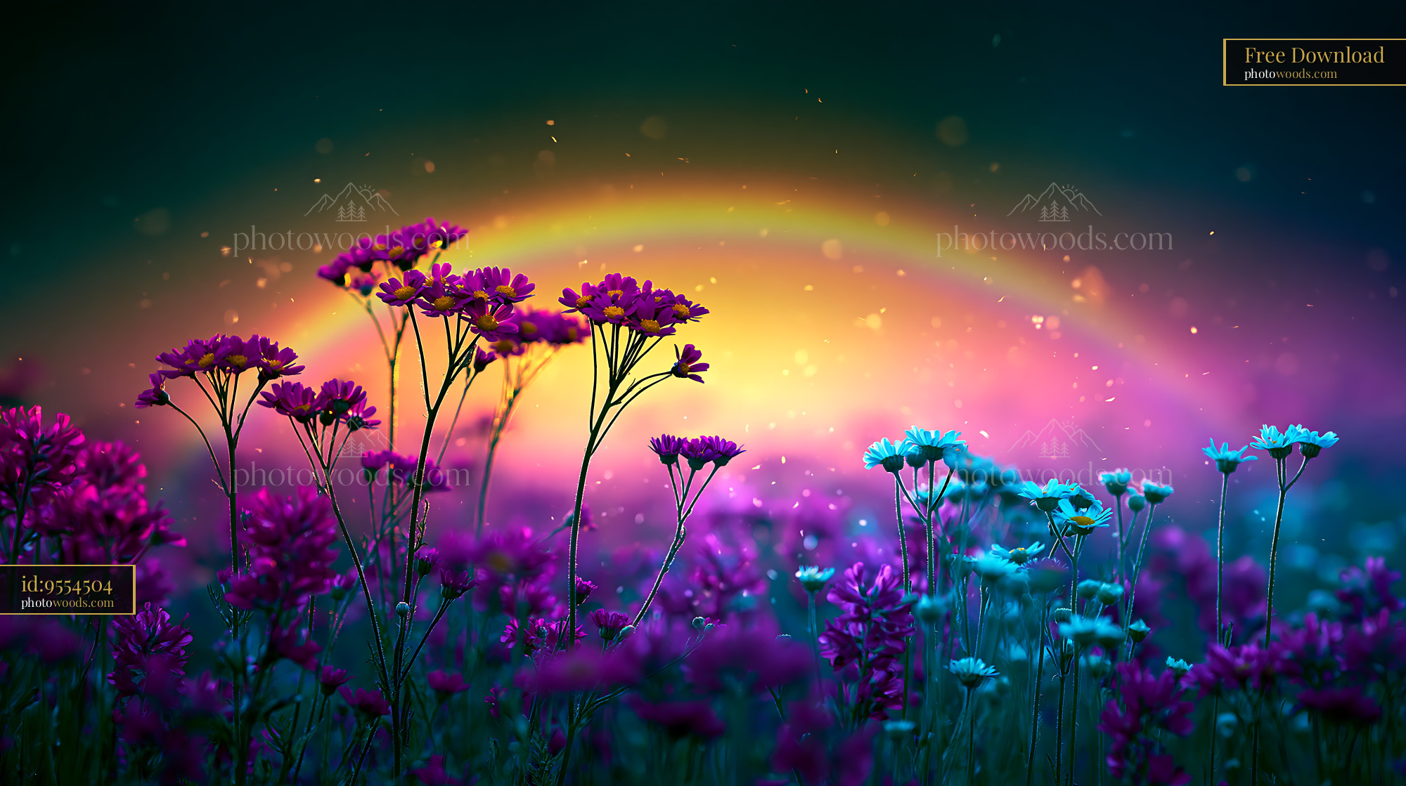 Flowers Bloom Under a Colorful Sky With a Rainbow Backdrop