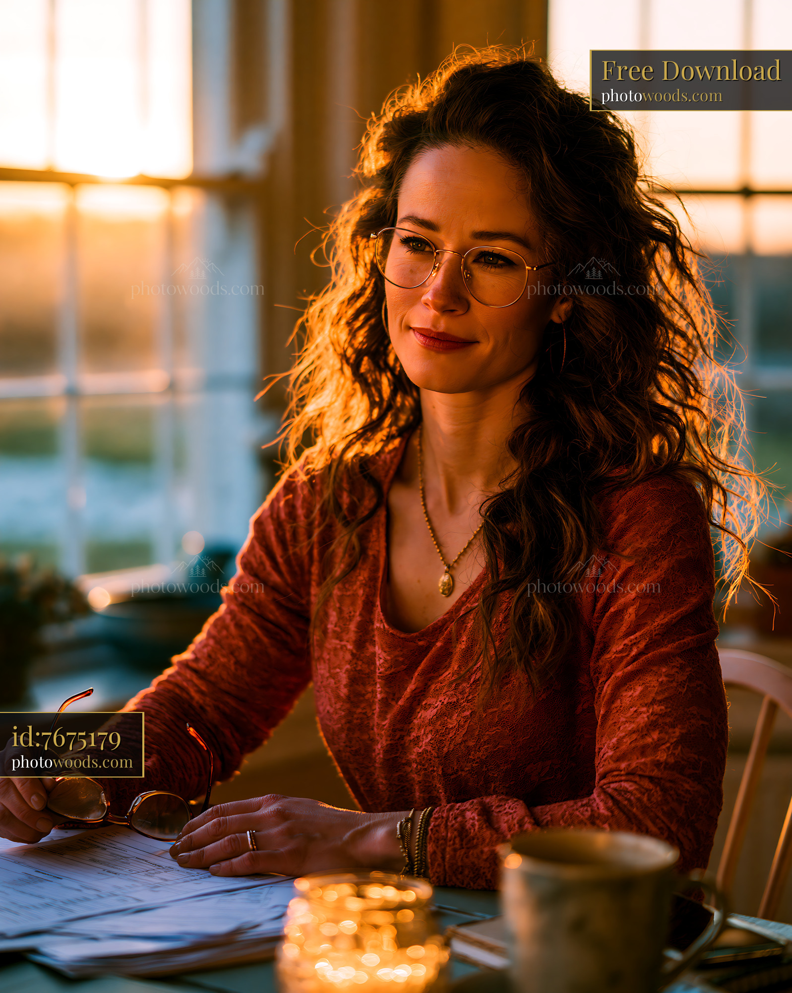 Freelancer Sorting Invoices in Golden Hour Light