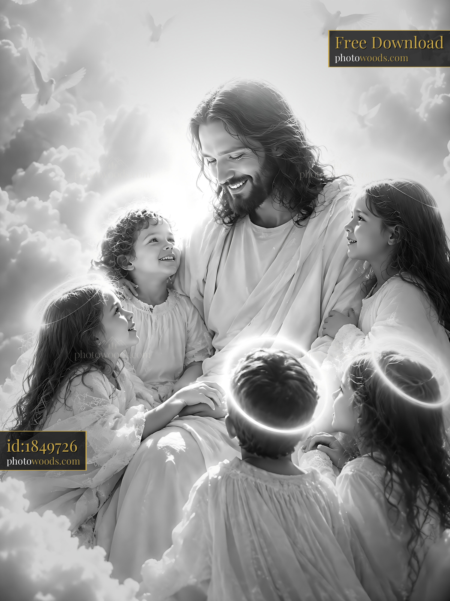 Jesus Sitting in Clouds With Children Smiling and Sharing Joy
