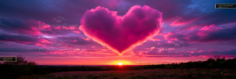 Heart-shaped cloud above a vibrant sunset landscape
