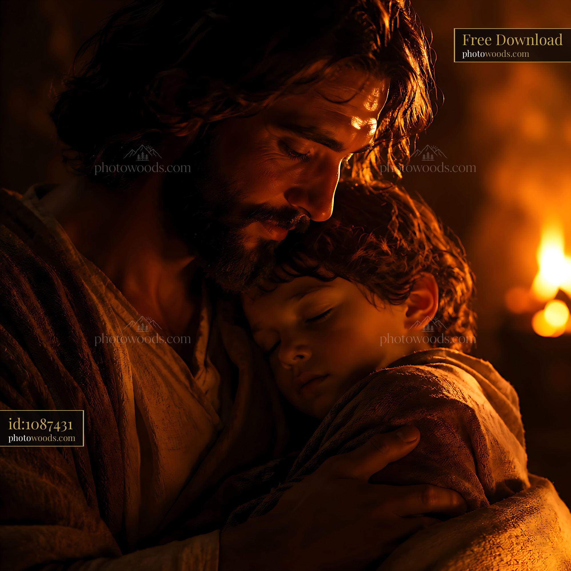 Father Holding Son in Warm Light at Home During Evening Time