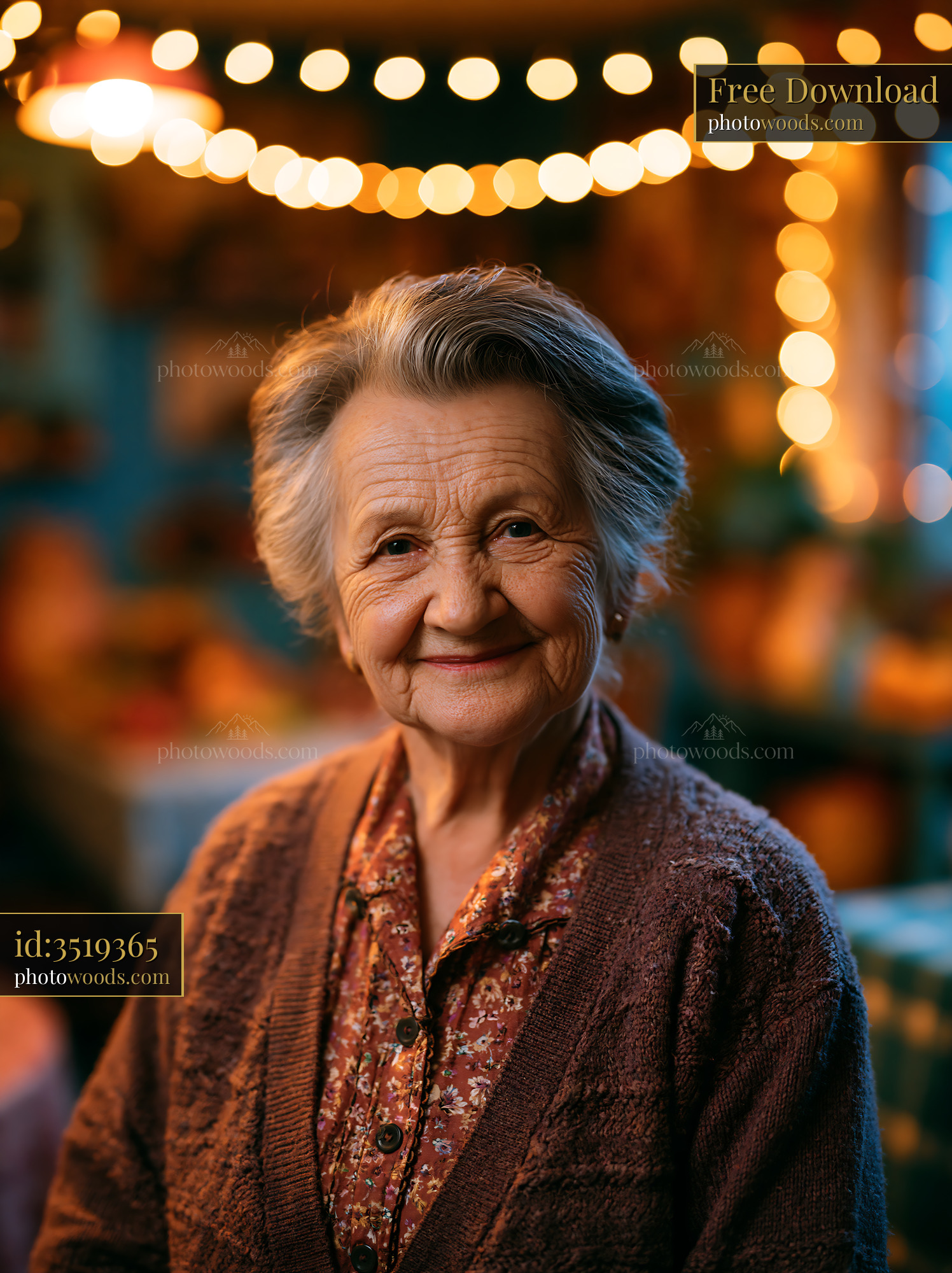 Elderly Woman Smiles Warmly in a Cozy Indoor Setting With Lights