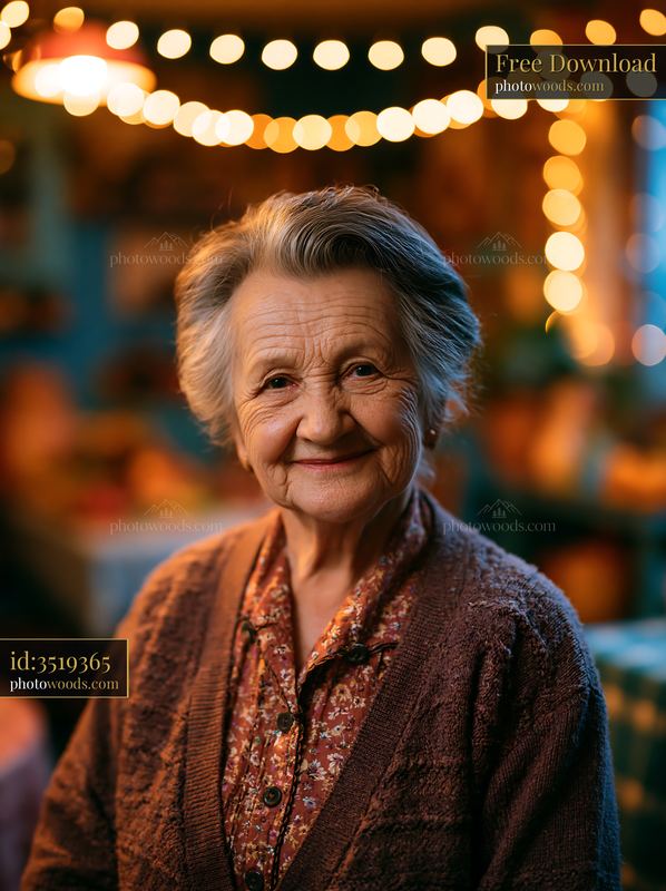 Elderly Woman Smiles Warmly in a Cozy Indoor Setting With Lights