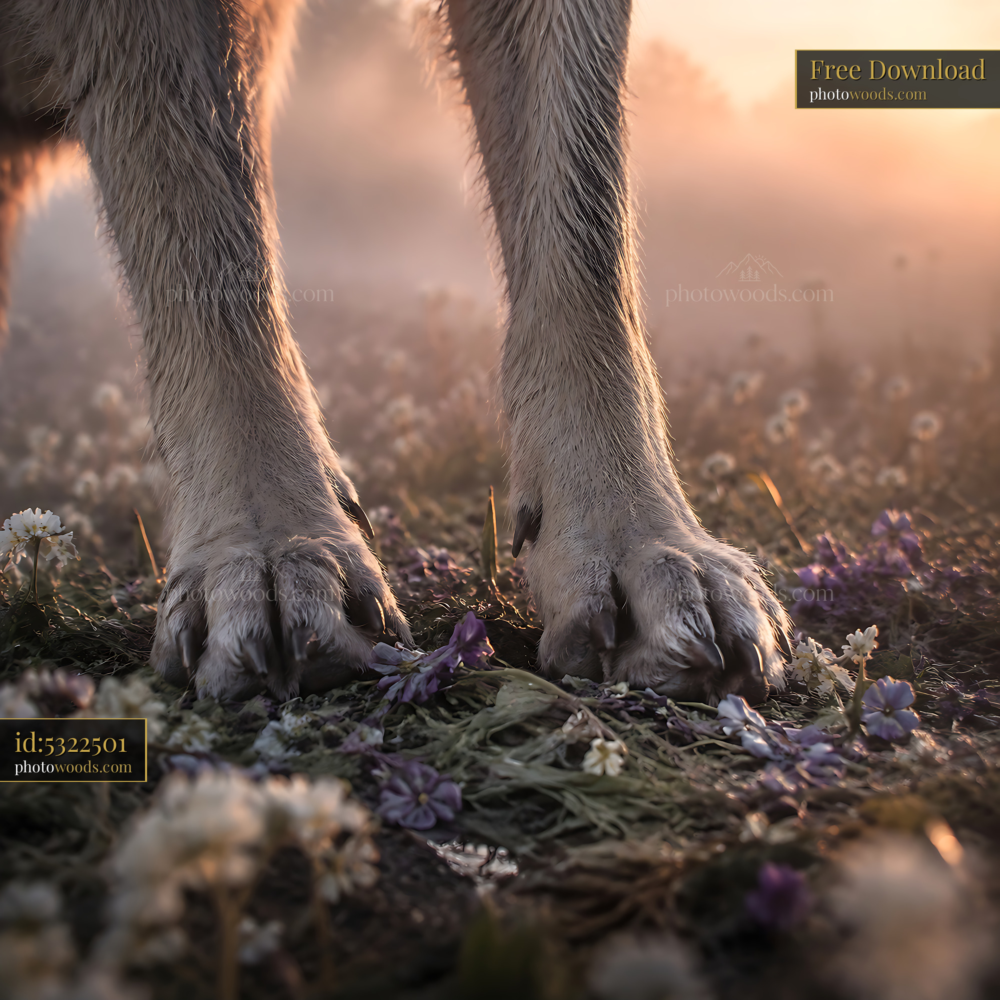 Dog Paws Standing on Flowers in a Field During Sunset