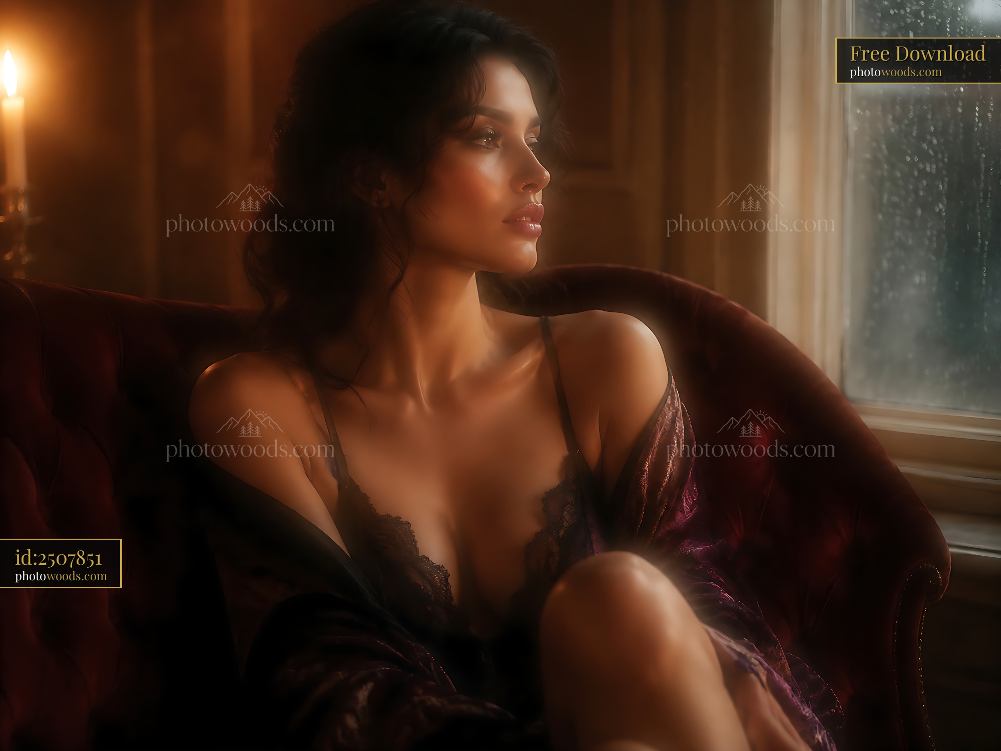 Woman Sitting on Couch in Dim Light With Rain on Window
