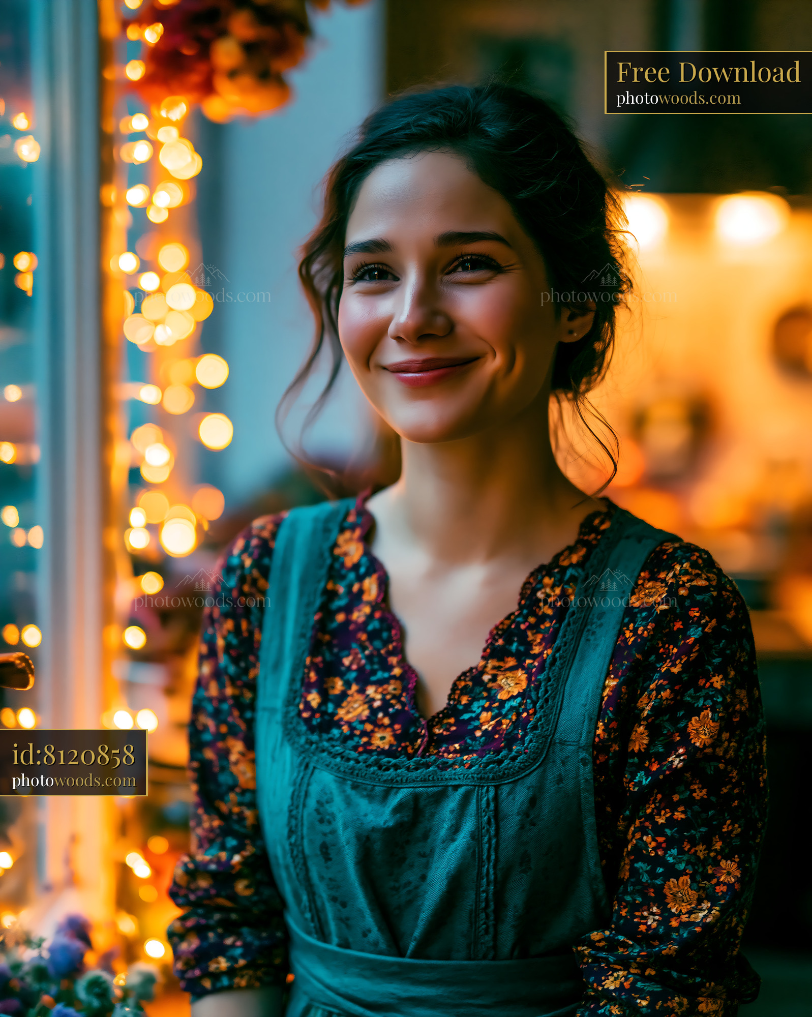 Woman Smiles While Standing Near Window With Warm Lights