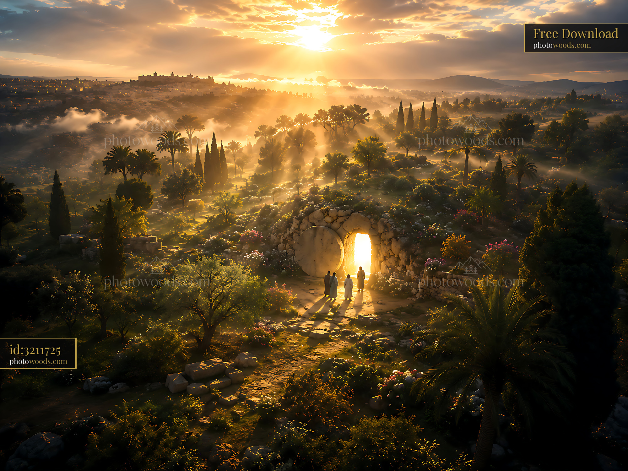 Three Figures Standing by an Open Tomb at Sunrise in a Valley